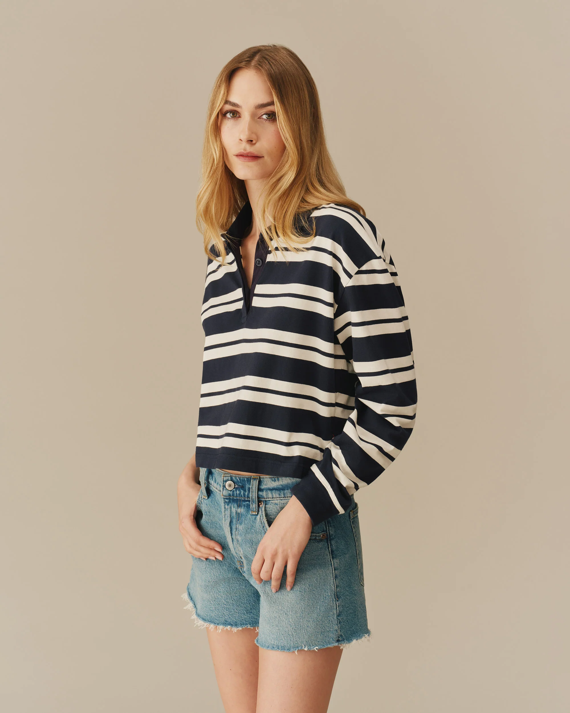 Cotton Nautical Striped Rugby Navy & White - Image 3