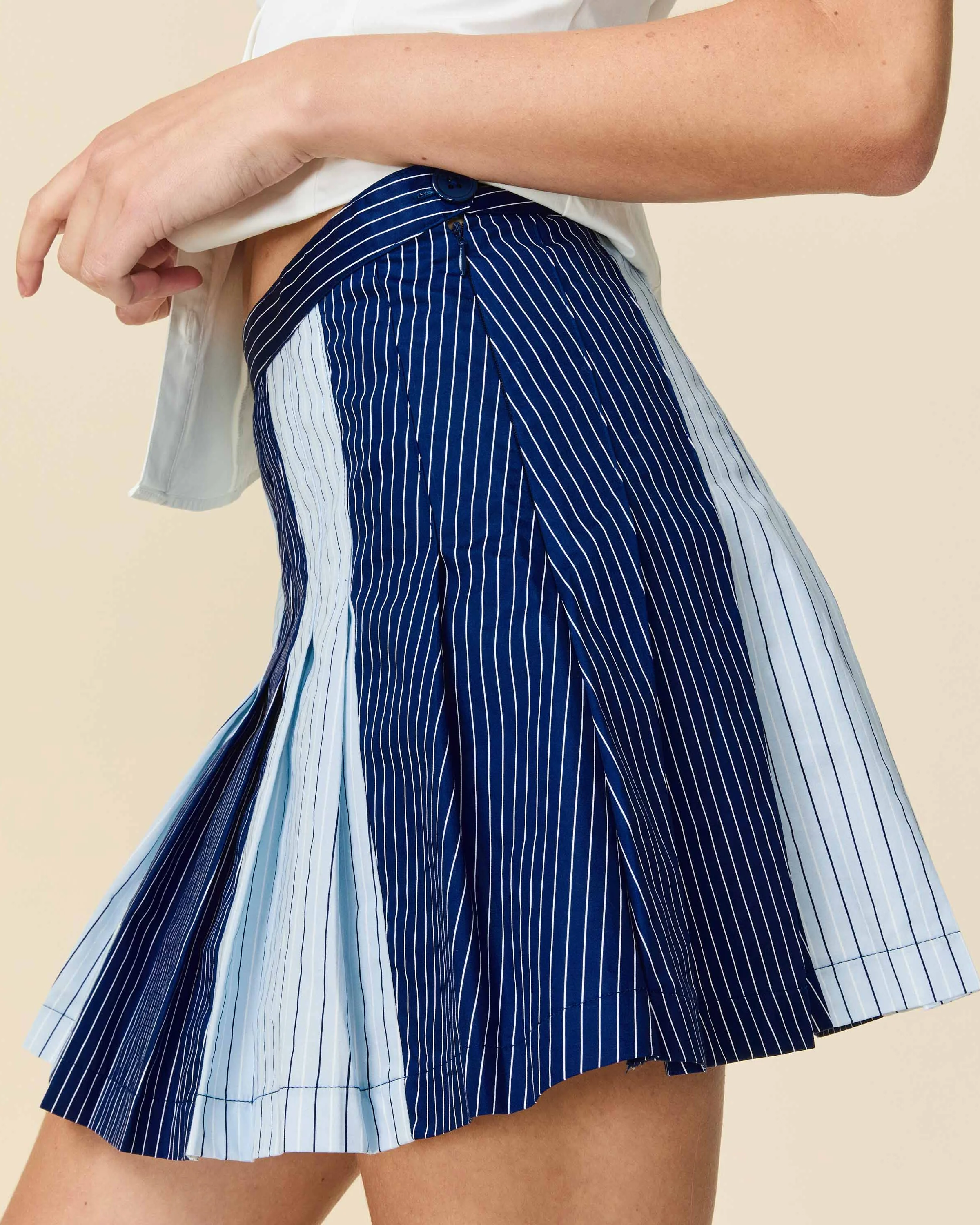 Women's Cotton Pleated Mini Skirt Blue Mixed Pinstripe - Image 2