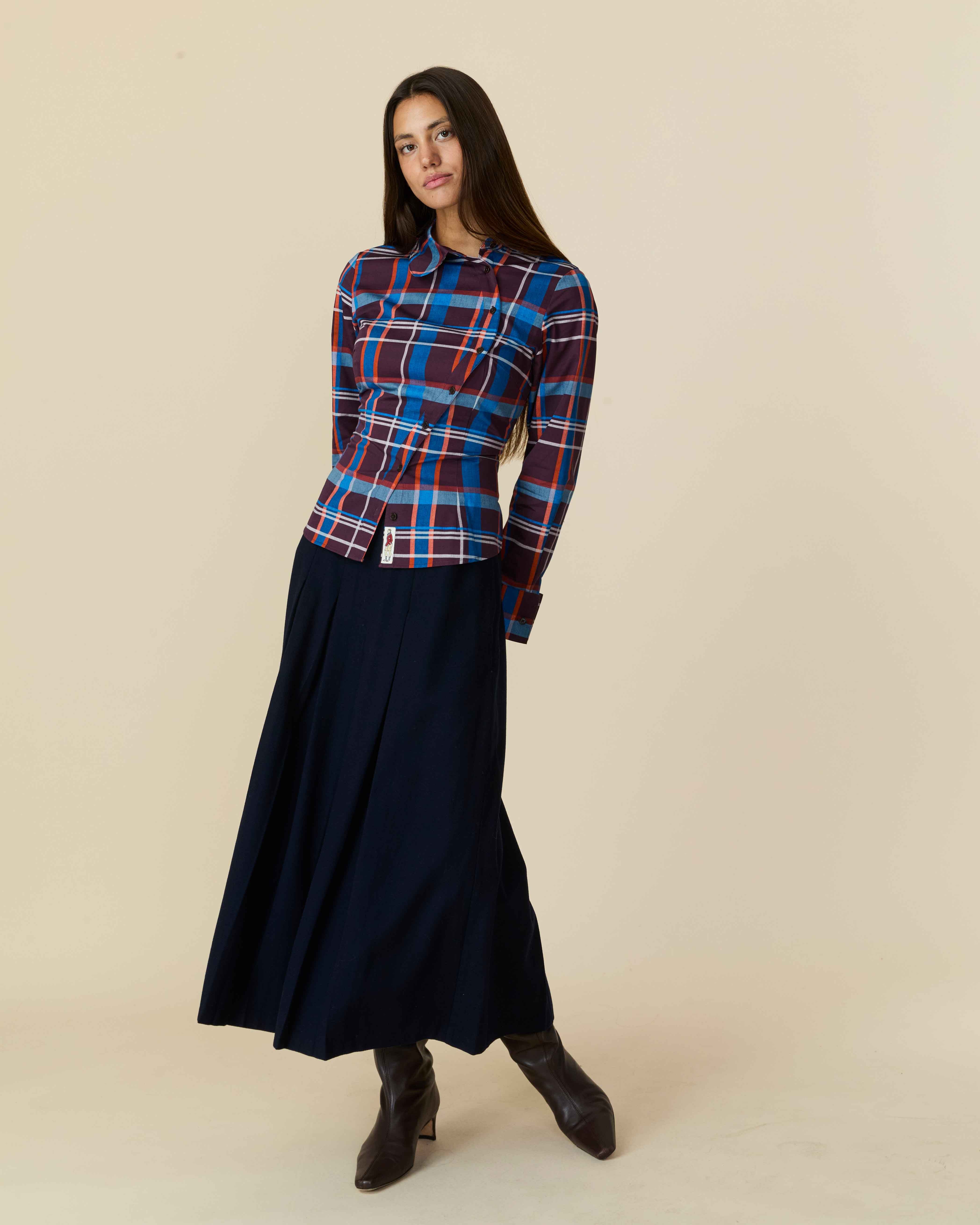Women's Cotton Poplin Plaid Asymmetrical Button Down Blue Brown Plaid - Image 2