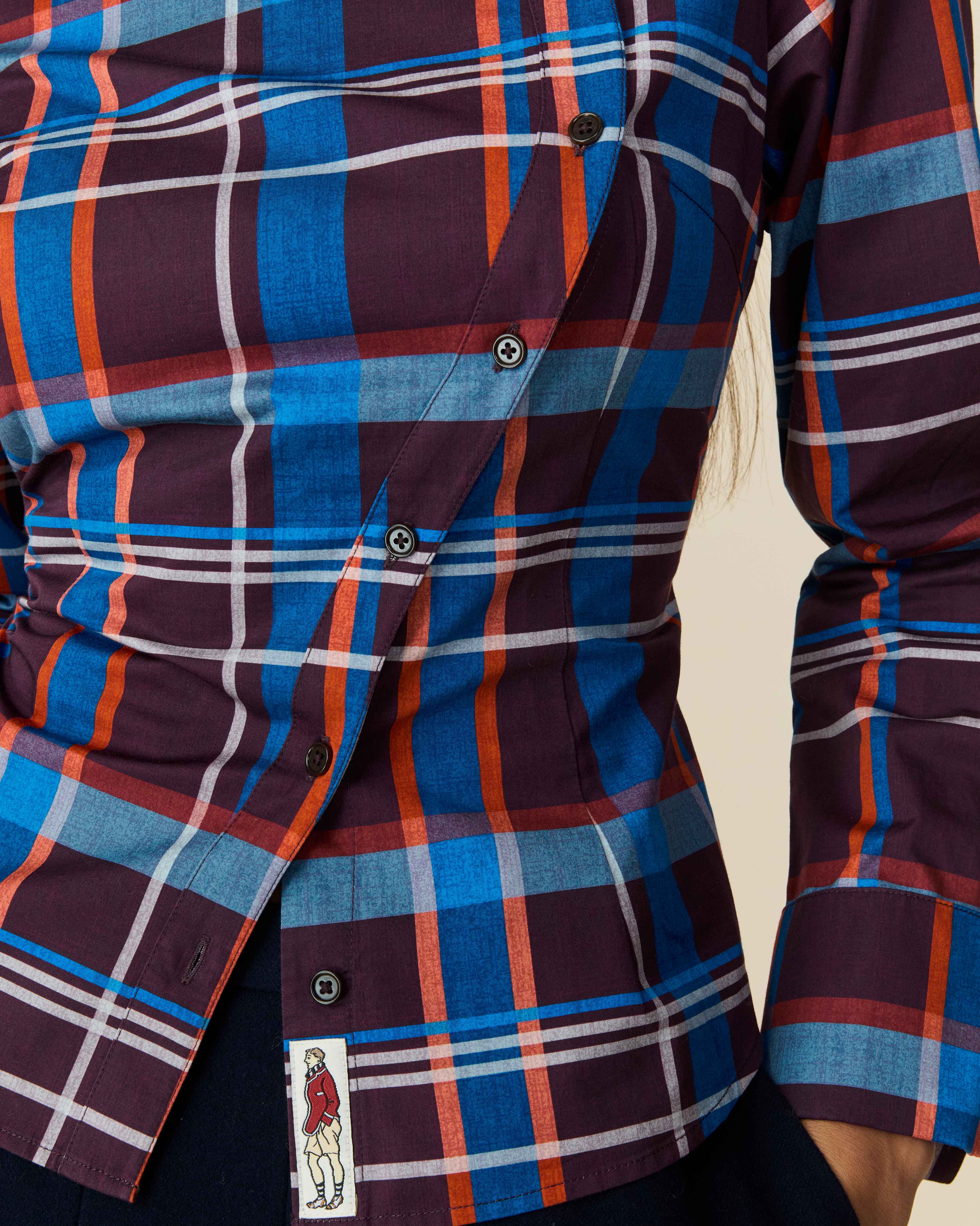 Women's Cotton Poplin Plaid Asymmetrical Button Down Blue Brown Plaid - Image 3