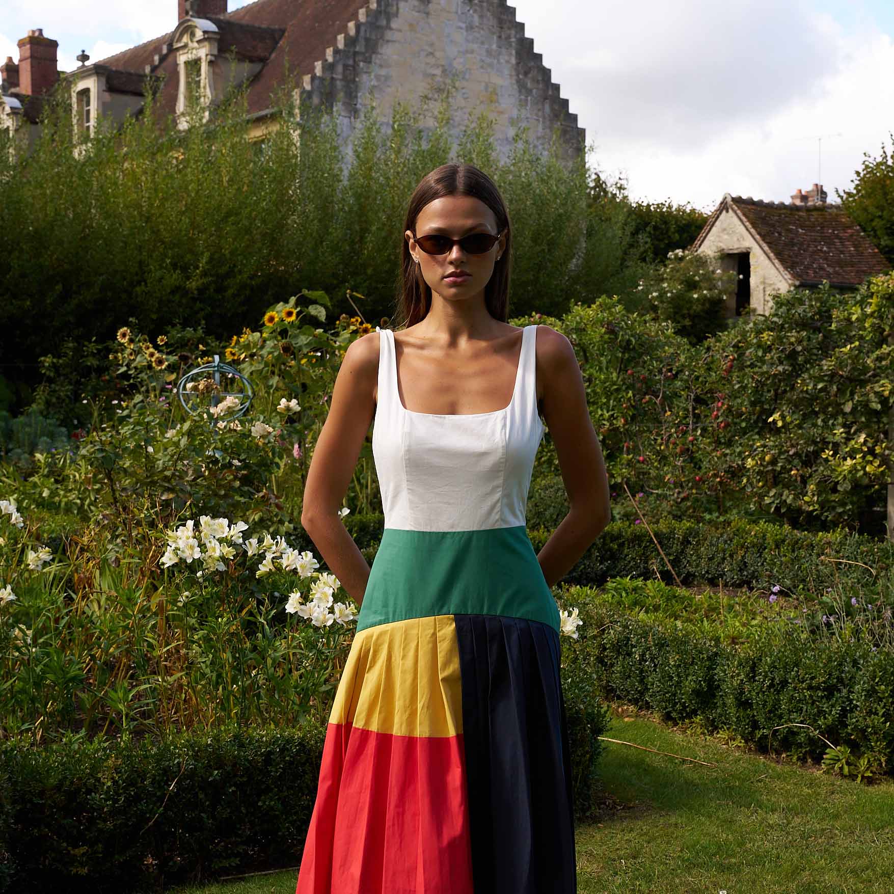 Women's Cotton Poplin Pleated Dress Colorblock - Image 2