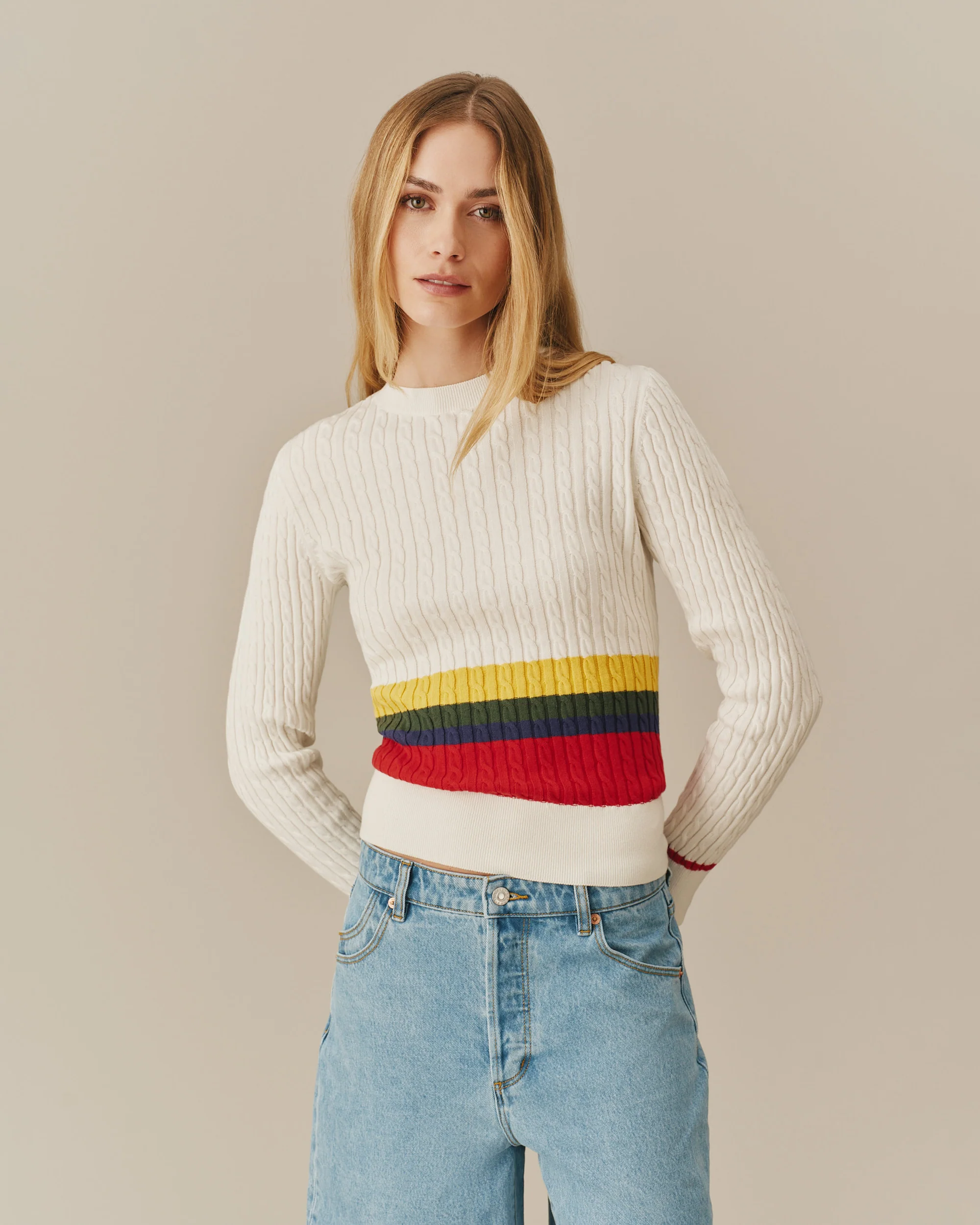 Cotton Primary Stripe Cable Knit Sweater Multi-Color