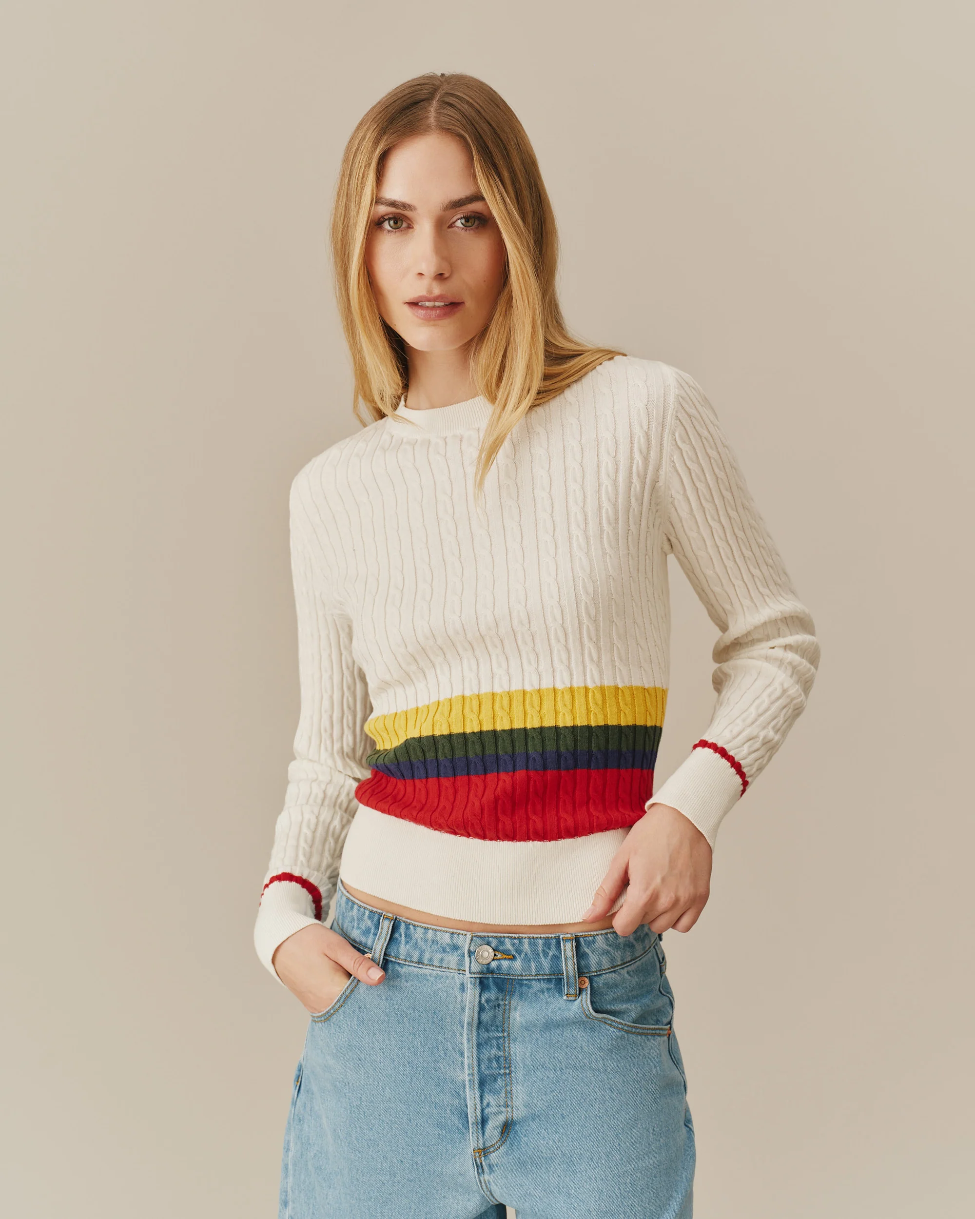 Cotton Primary Stripe Cable Knit Sweater Multi-Color - Image 2