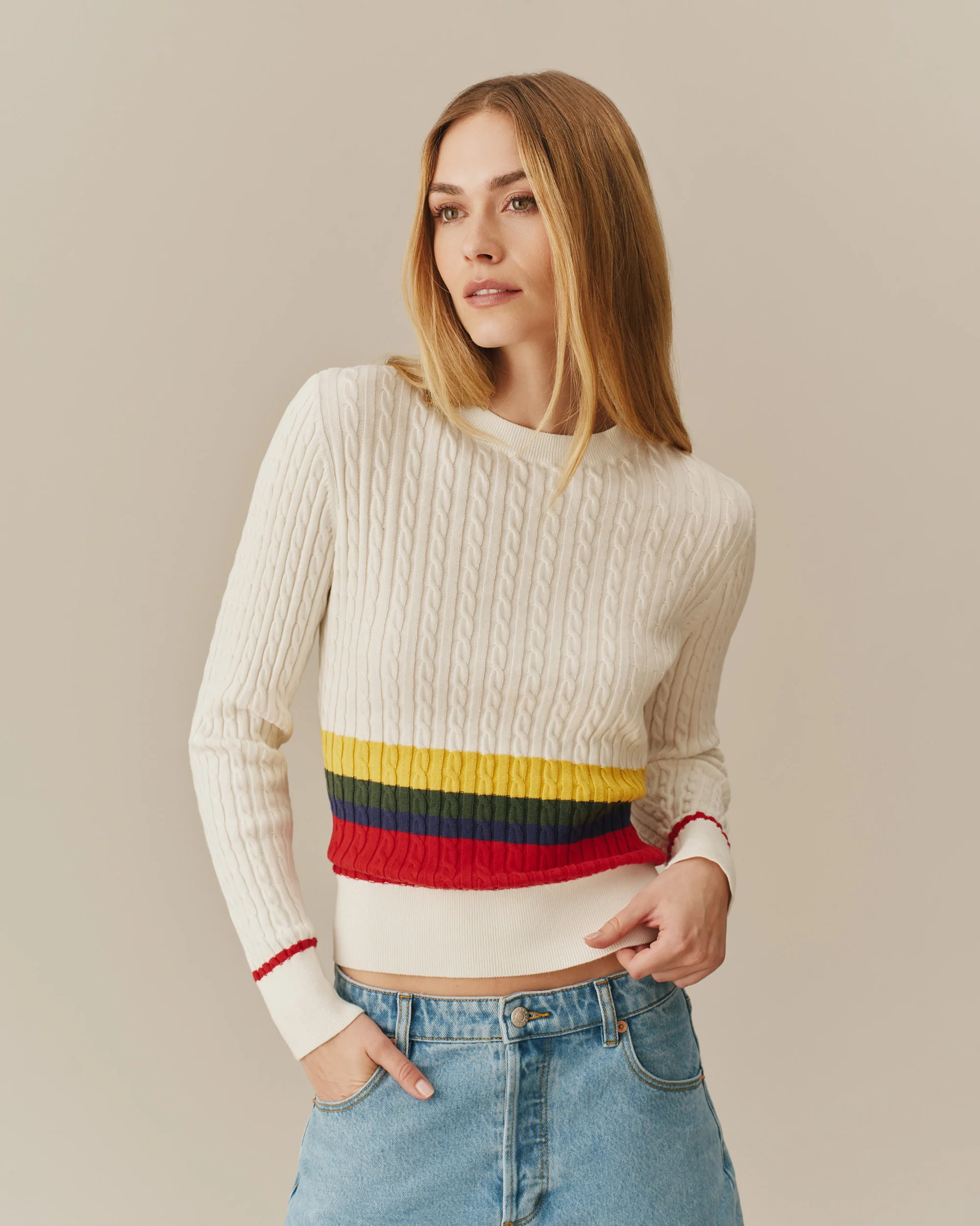 Cotton Primary Stripe Cable Knit Sweater Multi-Color - Image 3