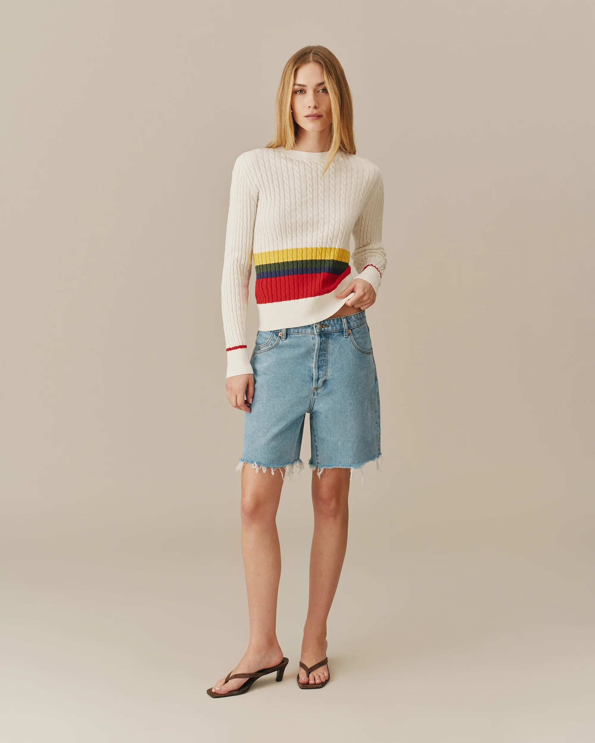 Cotton Primary Stripe Cable Knit Sweater Multi-Color - Image 6