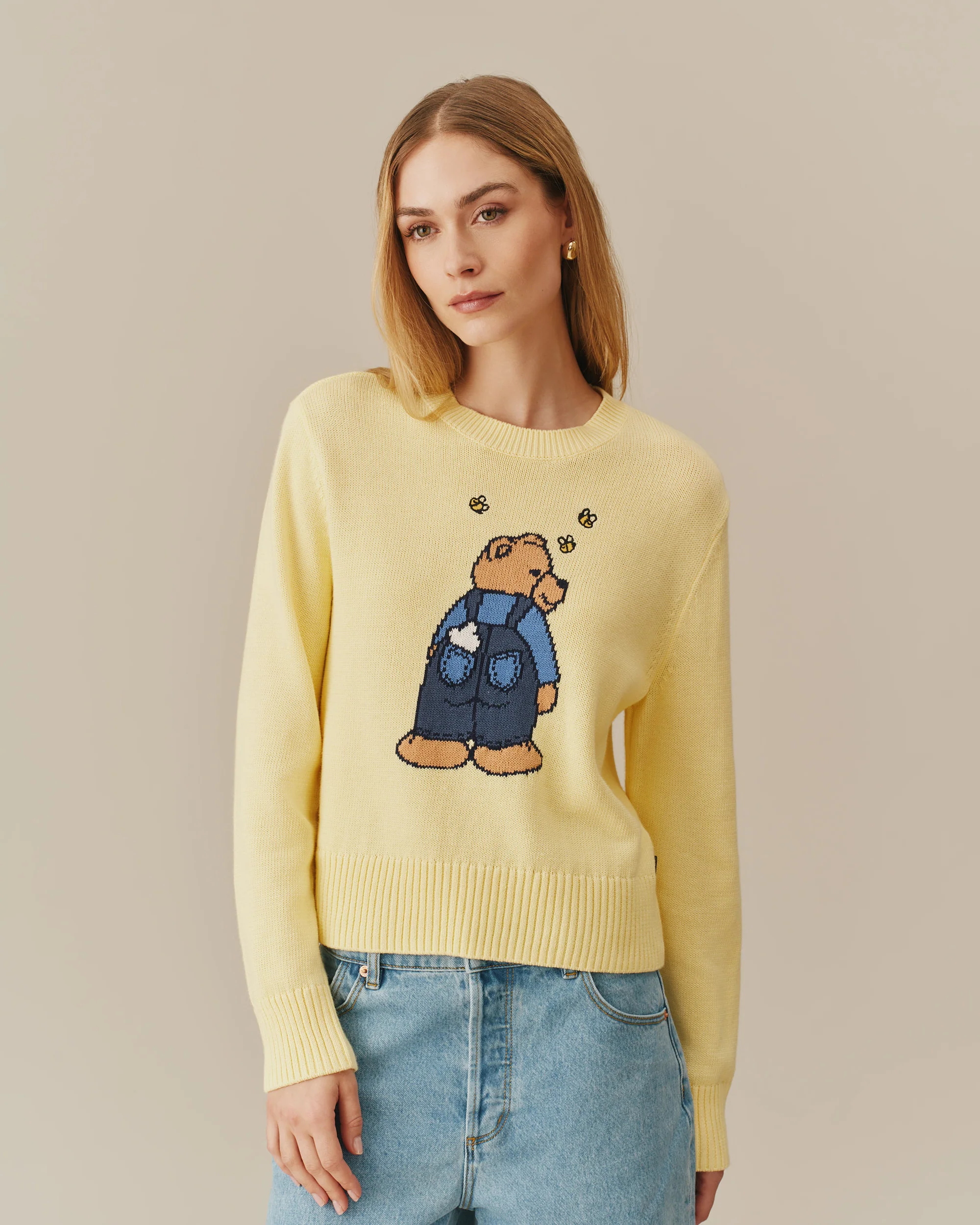 Cotton Ramie Bear & Bees Sweater Yellow - Image 2