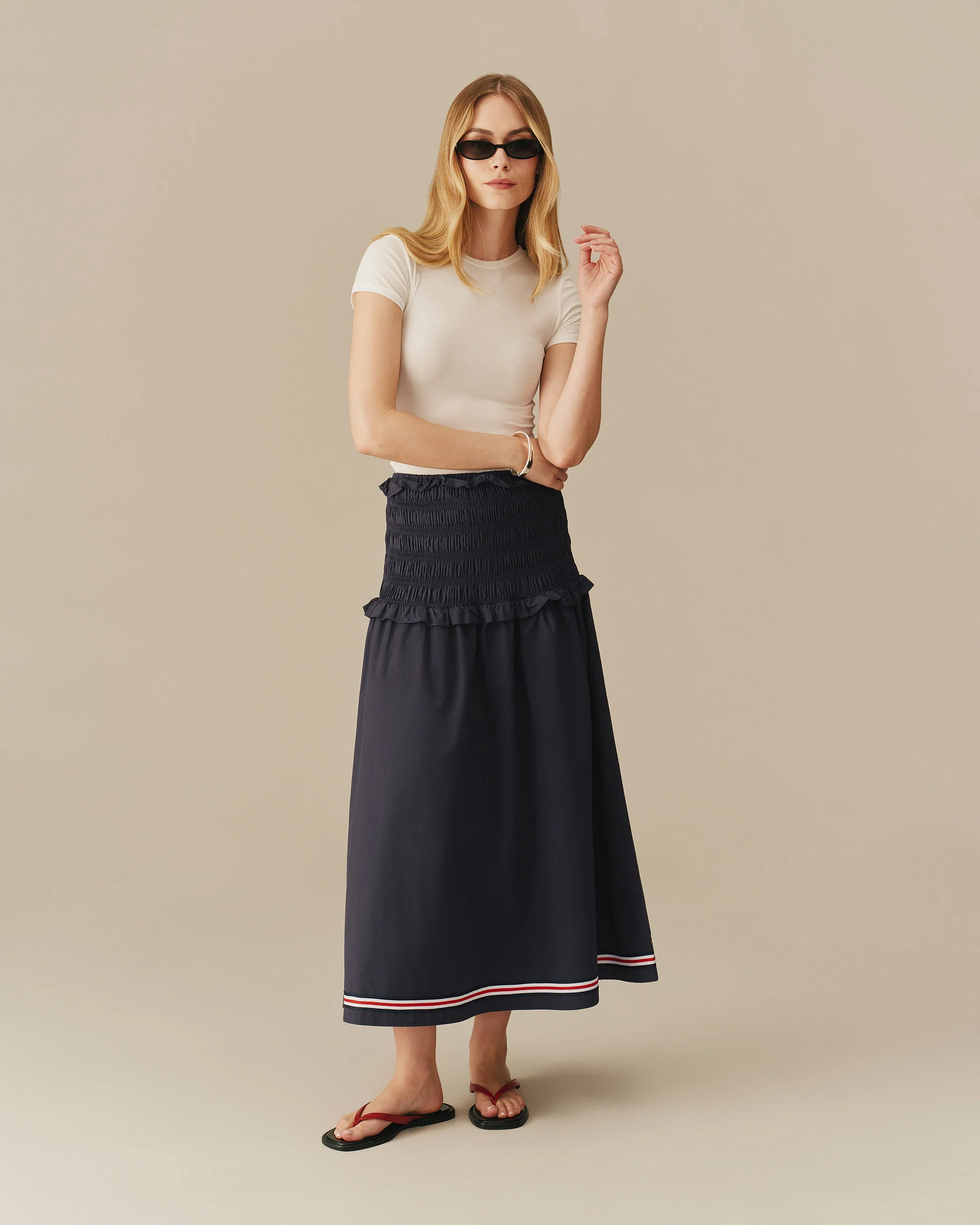 Women's Cotton Smocked Skirt with Ribbon Navy