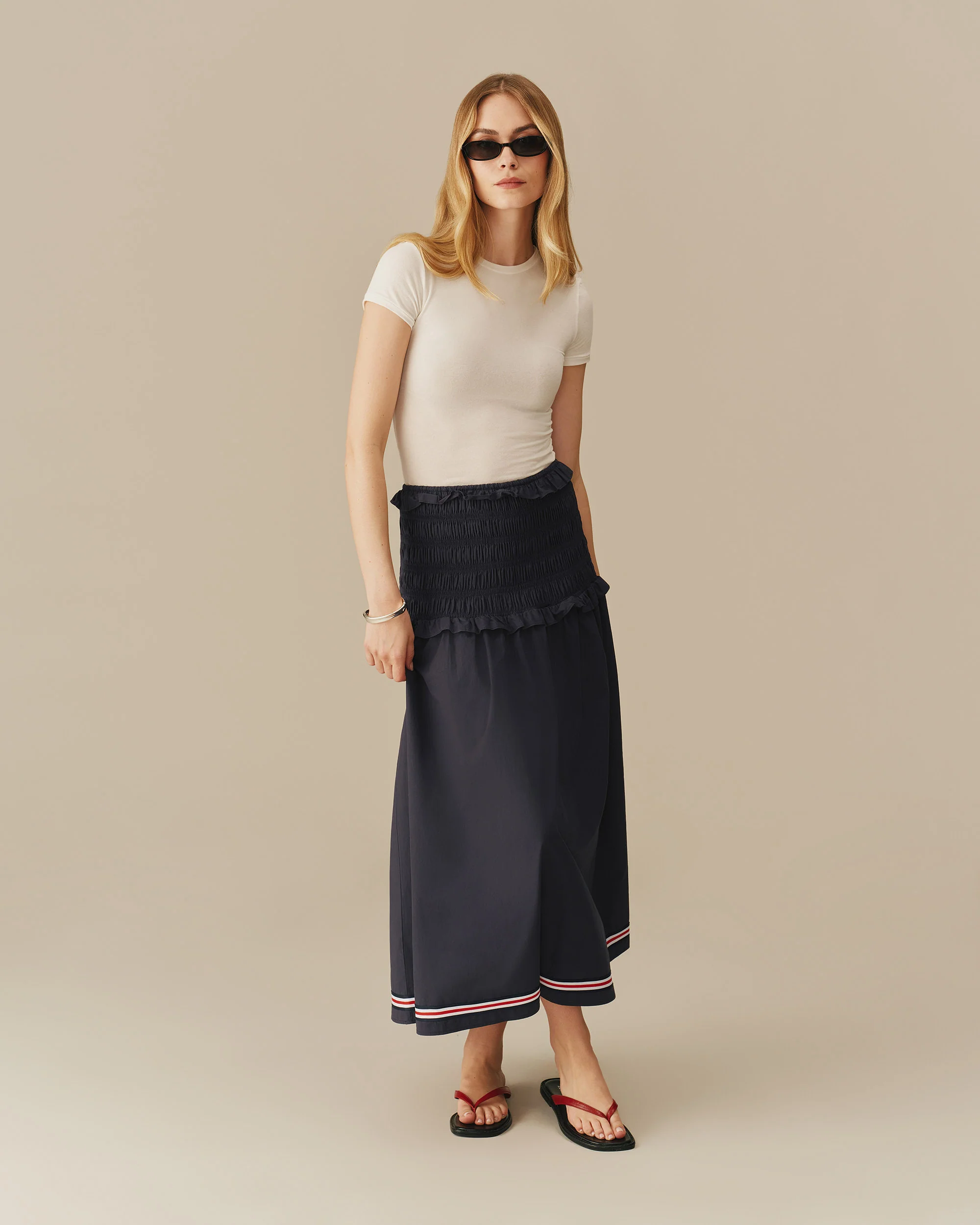 Women's Cotton Smocked Skirt with Ribbon Navy - Image 2