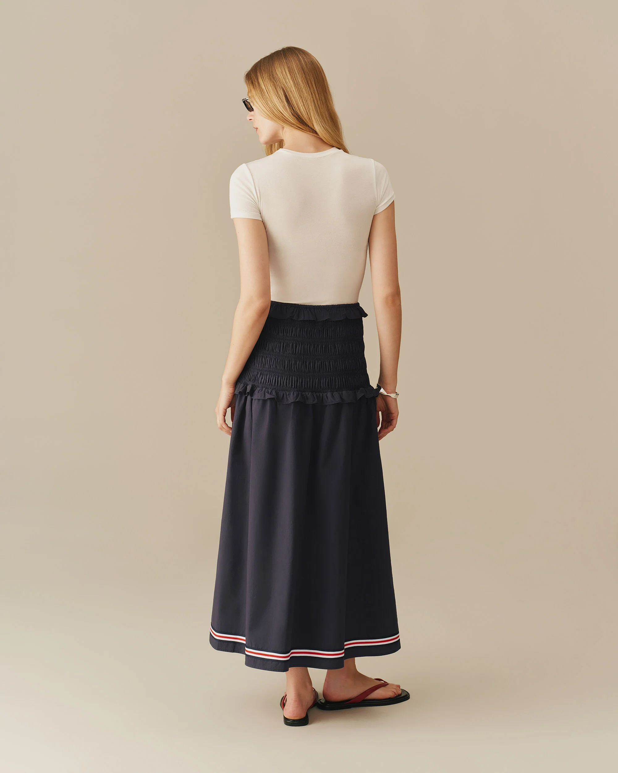 Women's Cotton Smocked Skirt with Ribbon Navy - Image 3