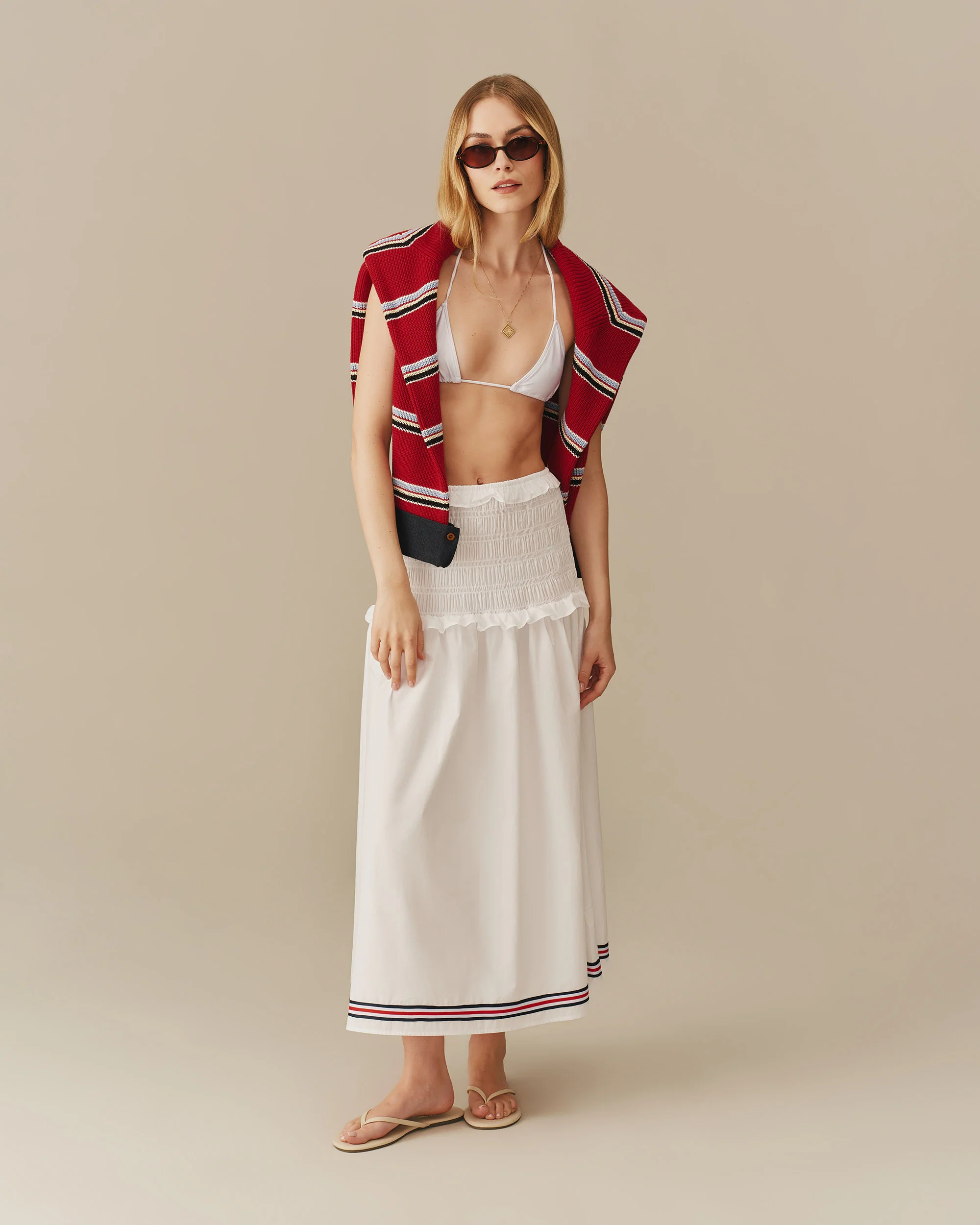 Women's Cotton Smocked Skirt with Ribbon White