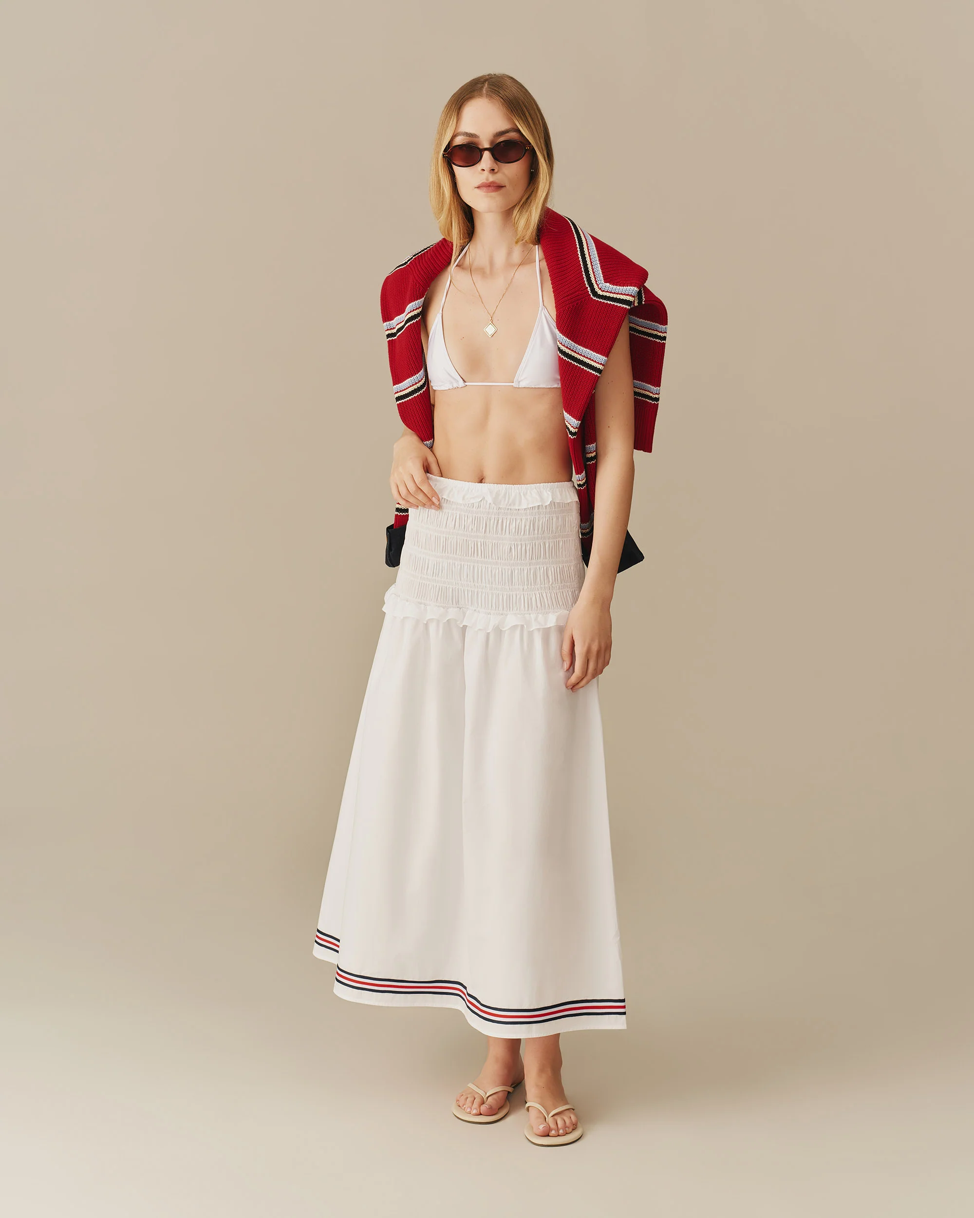Women's Cotton Smocked Skirt with Ribbon White - Image 3