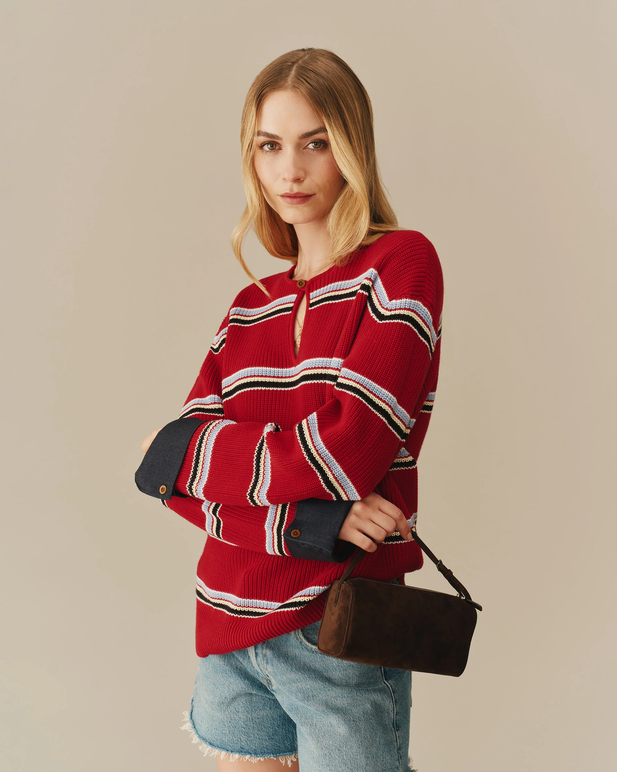 Cotton Striped Keyhole Sweater with Denim Red - Image 2