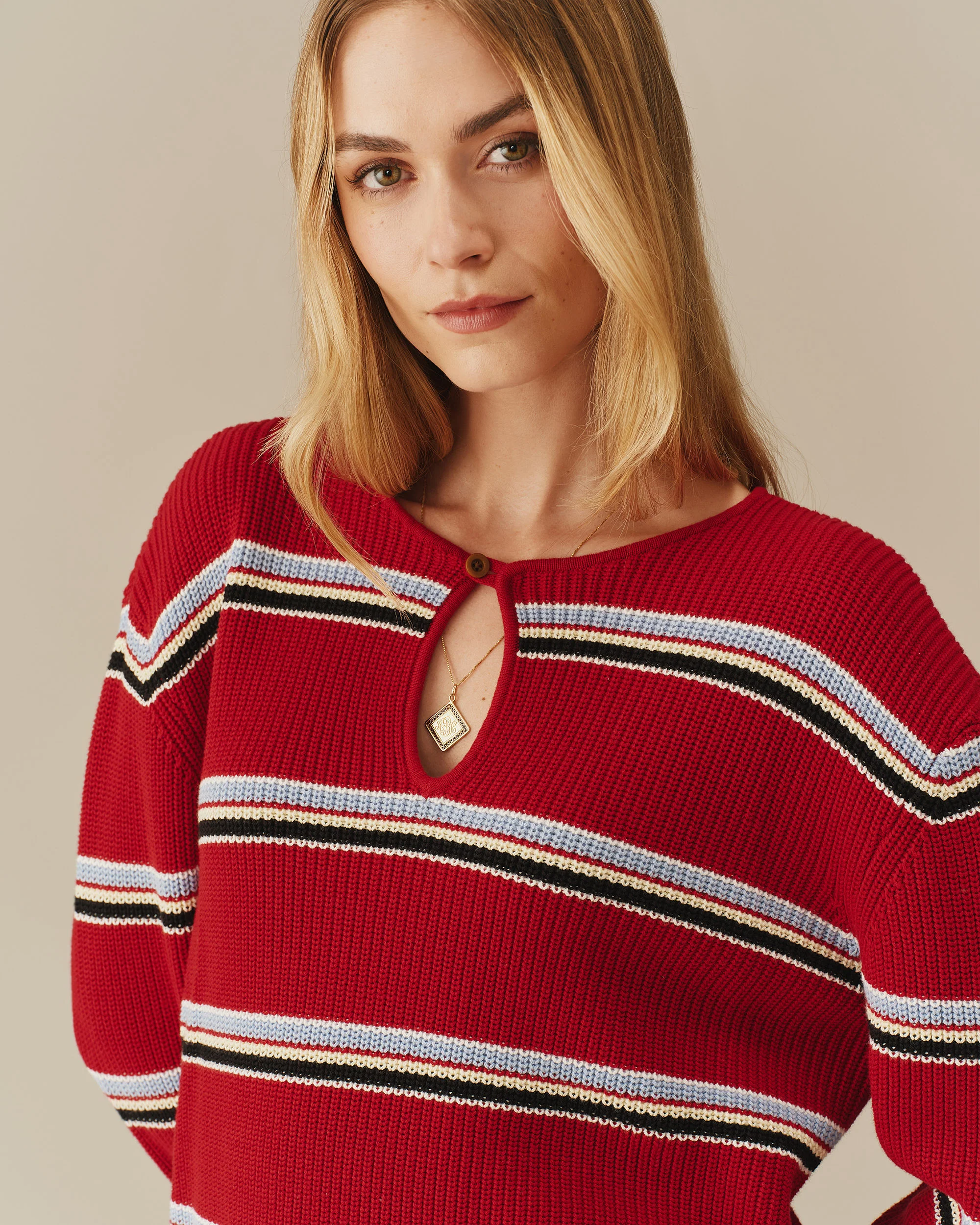 Cotton Striped Keyhole Sweater with Denim Red - Image 3
