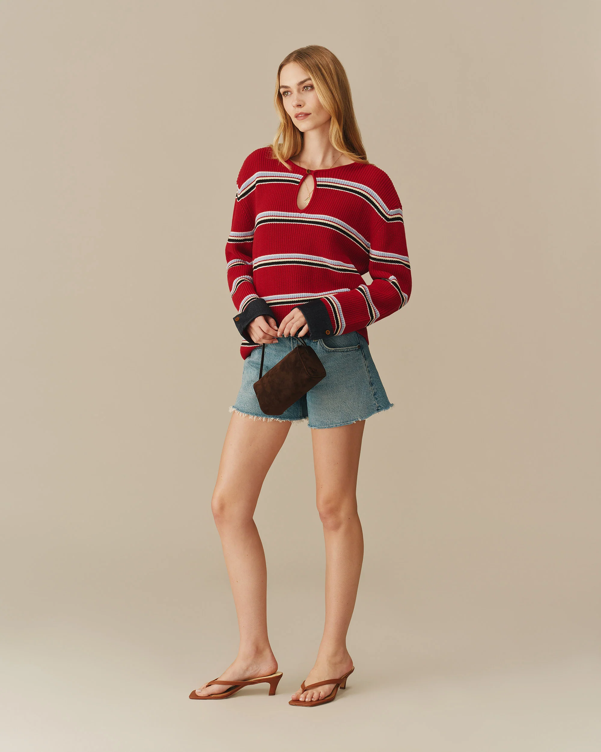 Cotton Striped Keyhole Sweater with Denim Red - Image 4