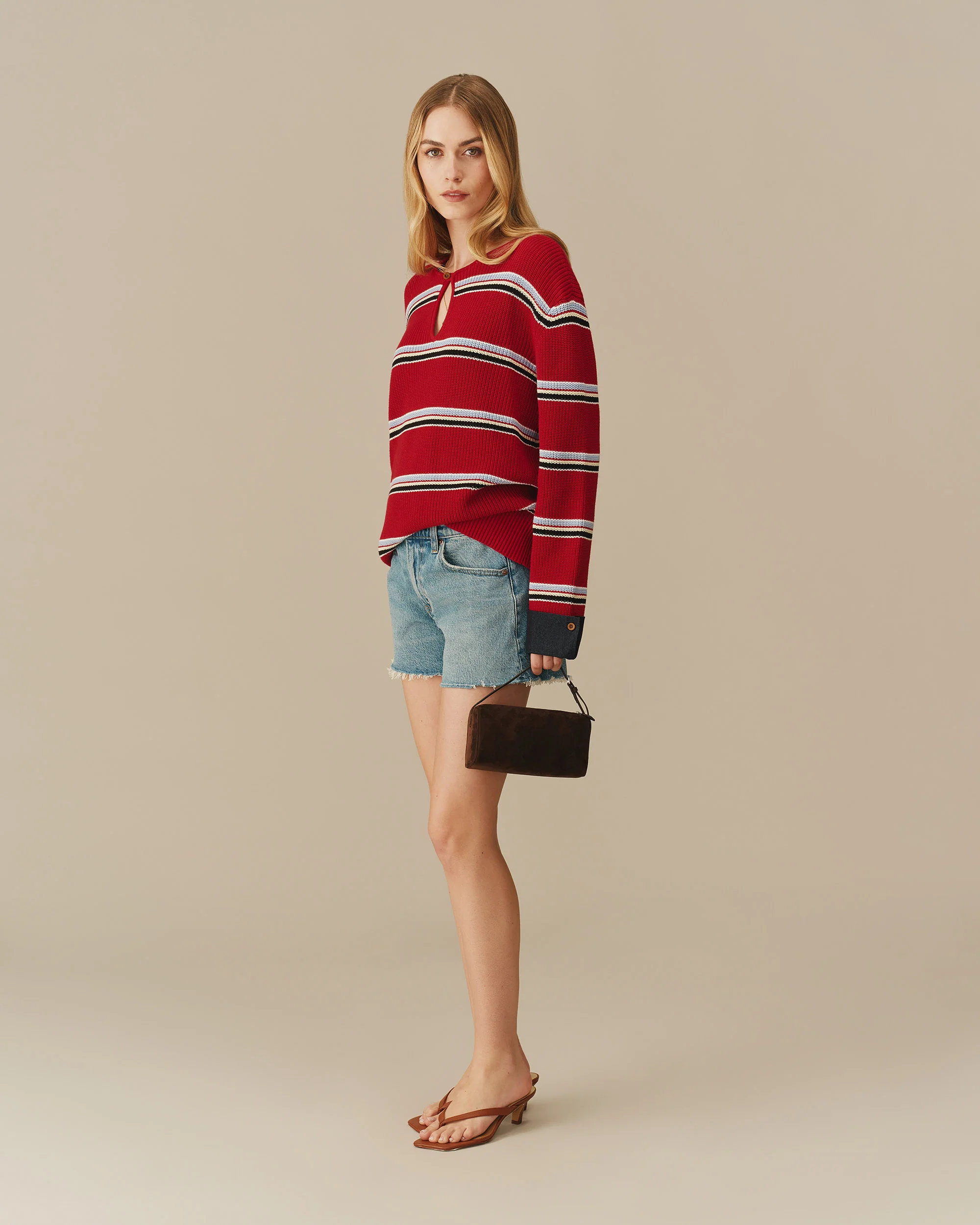 Cotton Striped Keyhole Sweater with Denim Red - Image 5