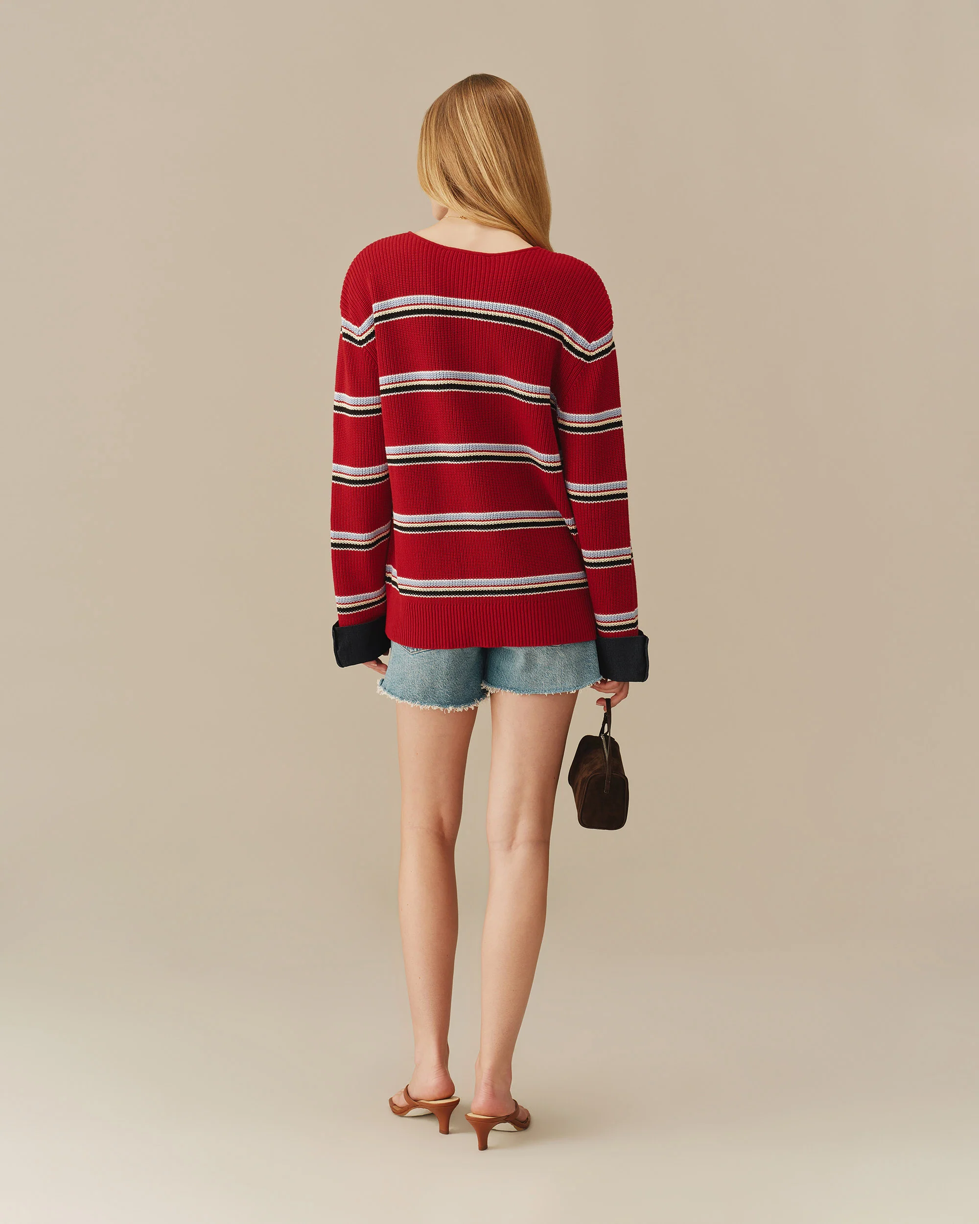 Cotton Striped Keyhole Sweater with Denim Red - Image 7