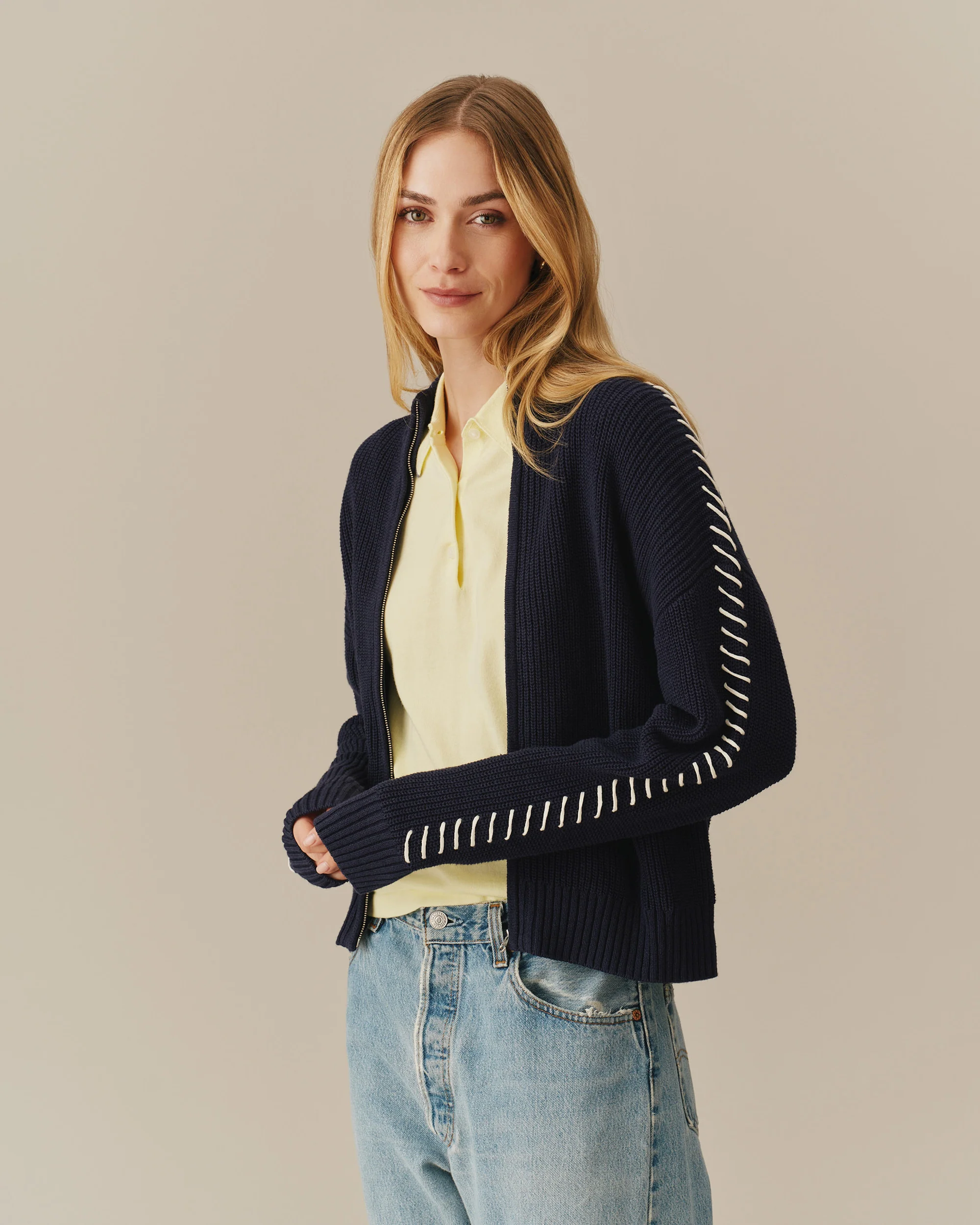 Cropped Zip Through Sweater Navy - Image 2