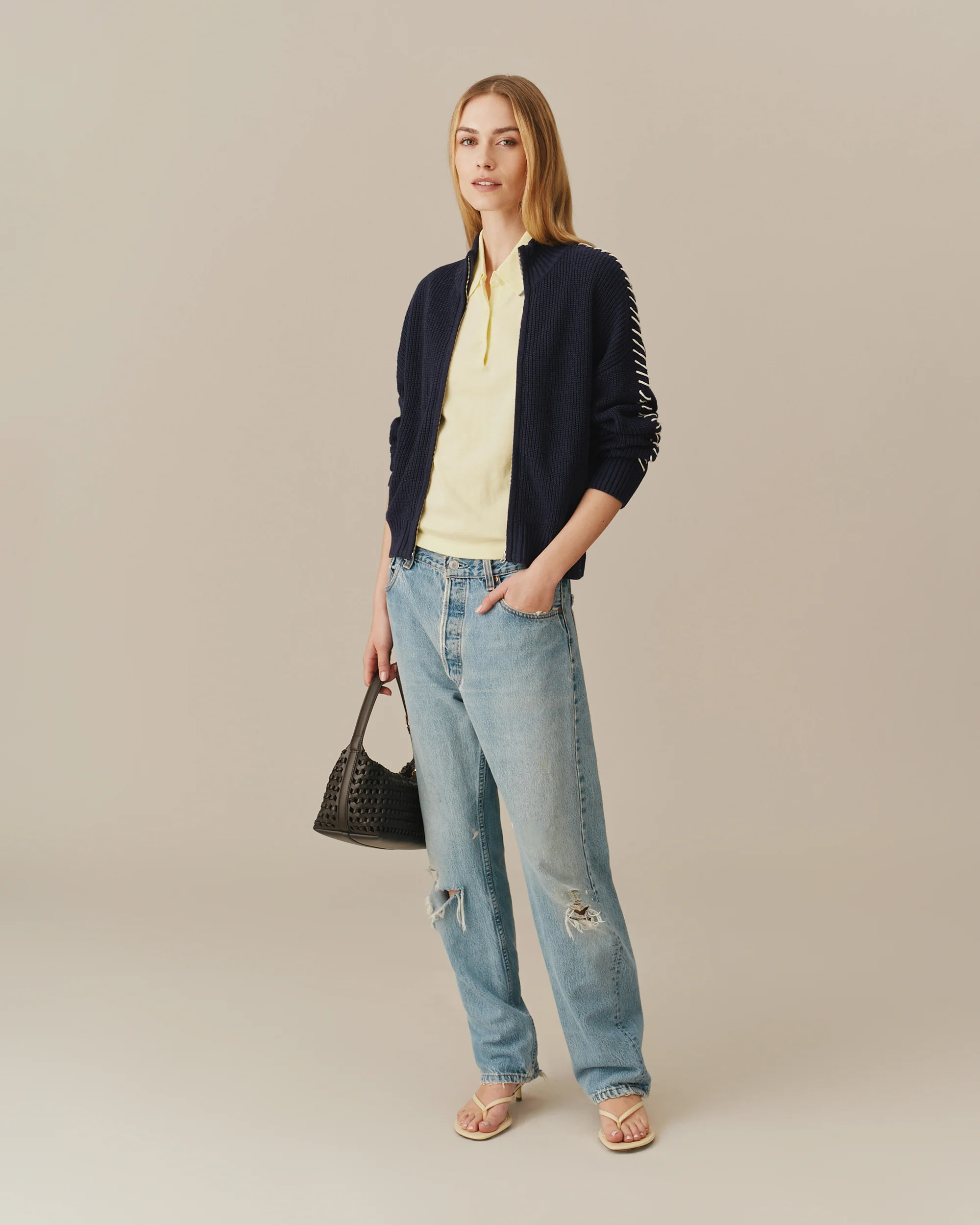 Cropped Zip Through Sweater Navy - Image 3