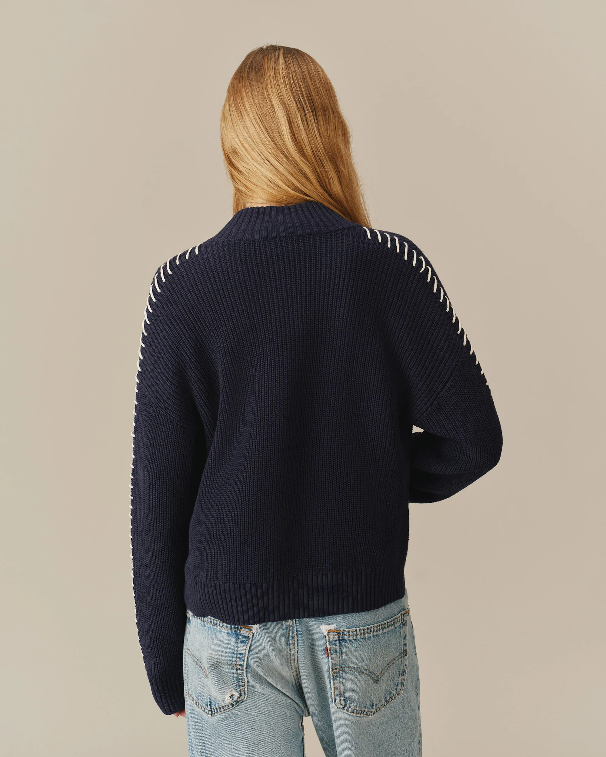 Cropped Zip Through Sweater Navy - Image 4