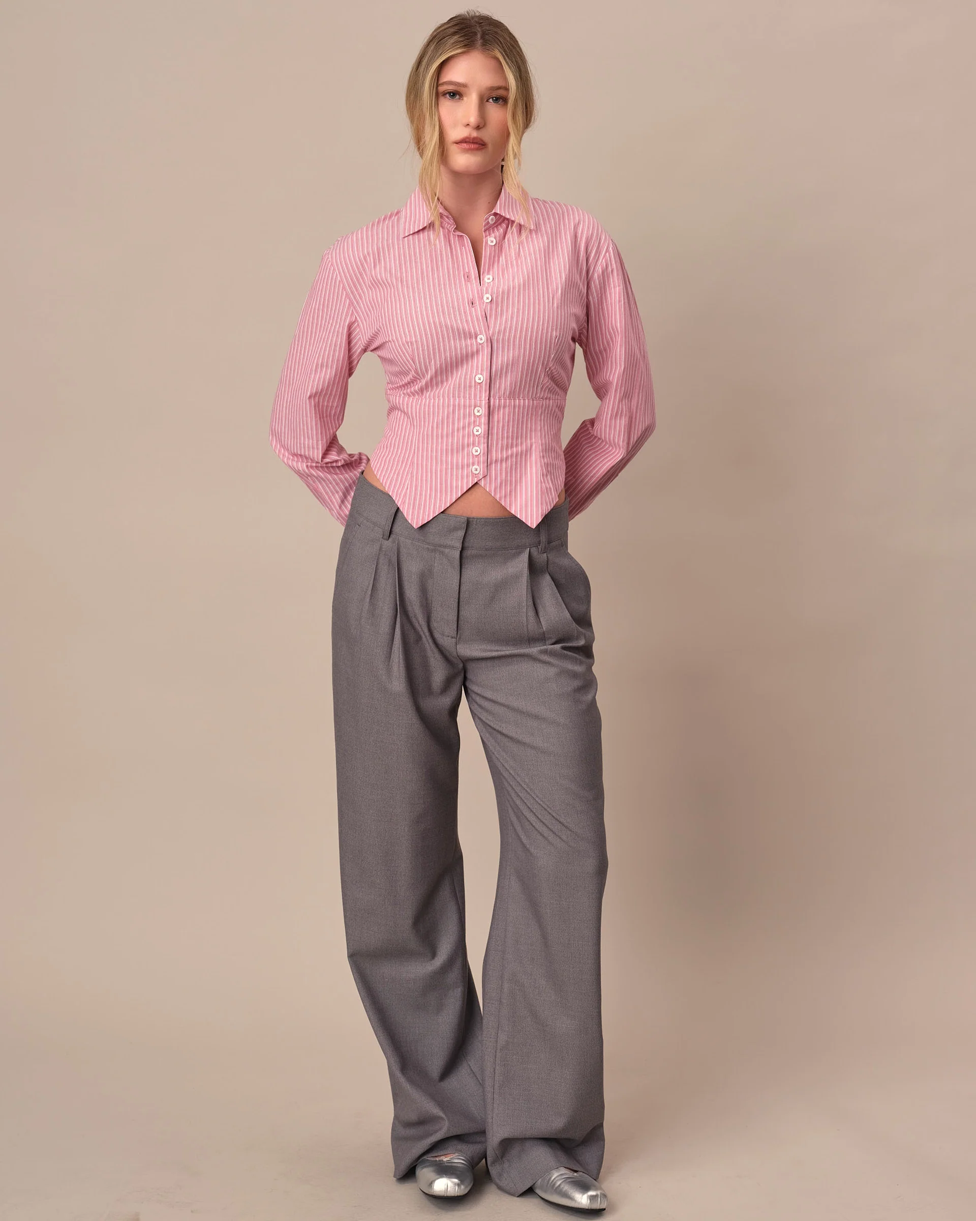 Women's Cummerbund Striped Button Down Shirt Pink - Image 3