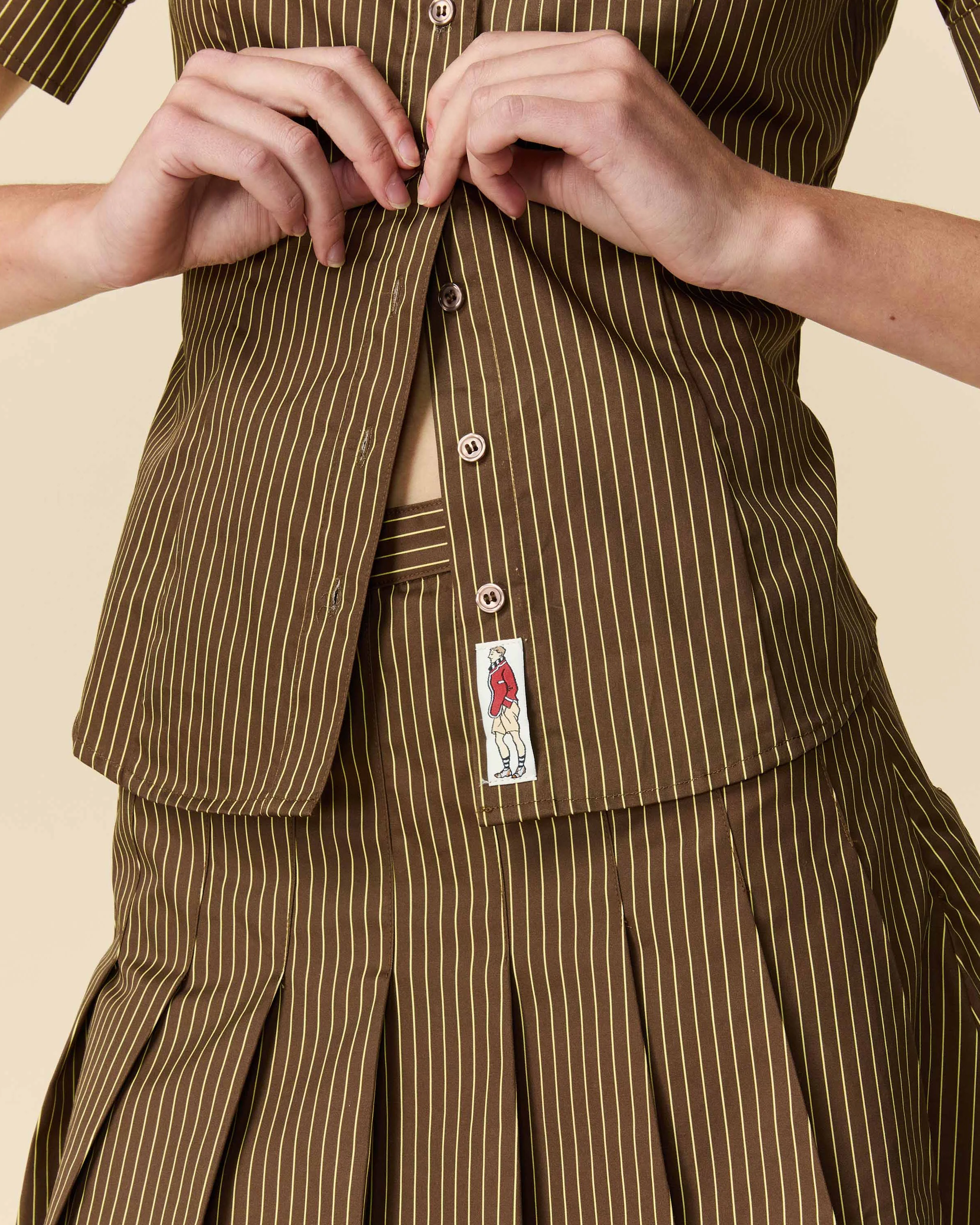 Women's Double Collar Button Down Brown and Yellow Stripe - Image 2
