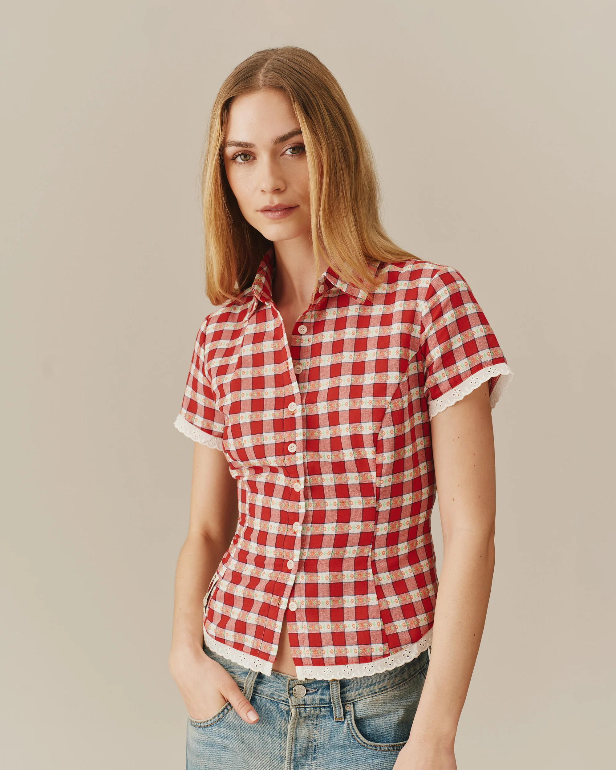Women's Button Up Shirt Floral Gingham - Image 3