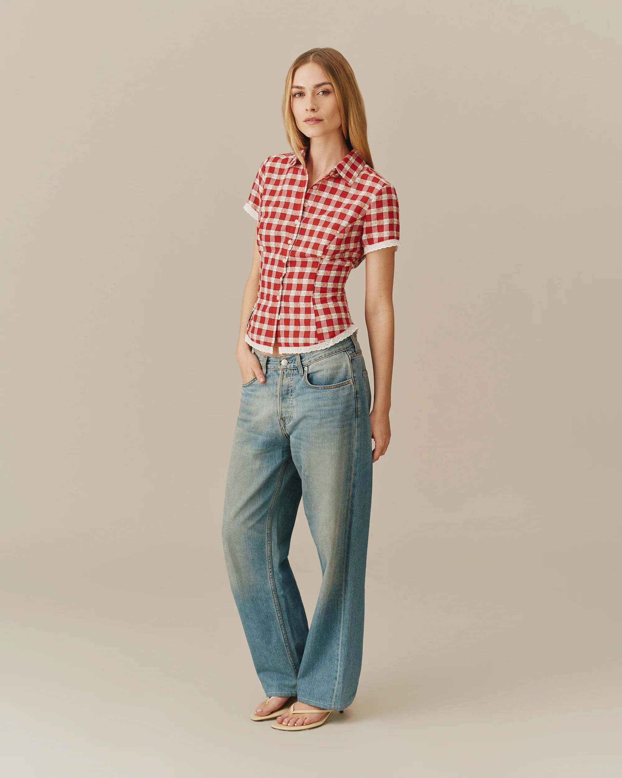 Women's Button Up Shirt Floral Gingham - Image 4