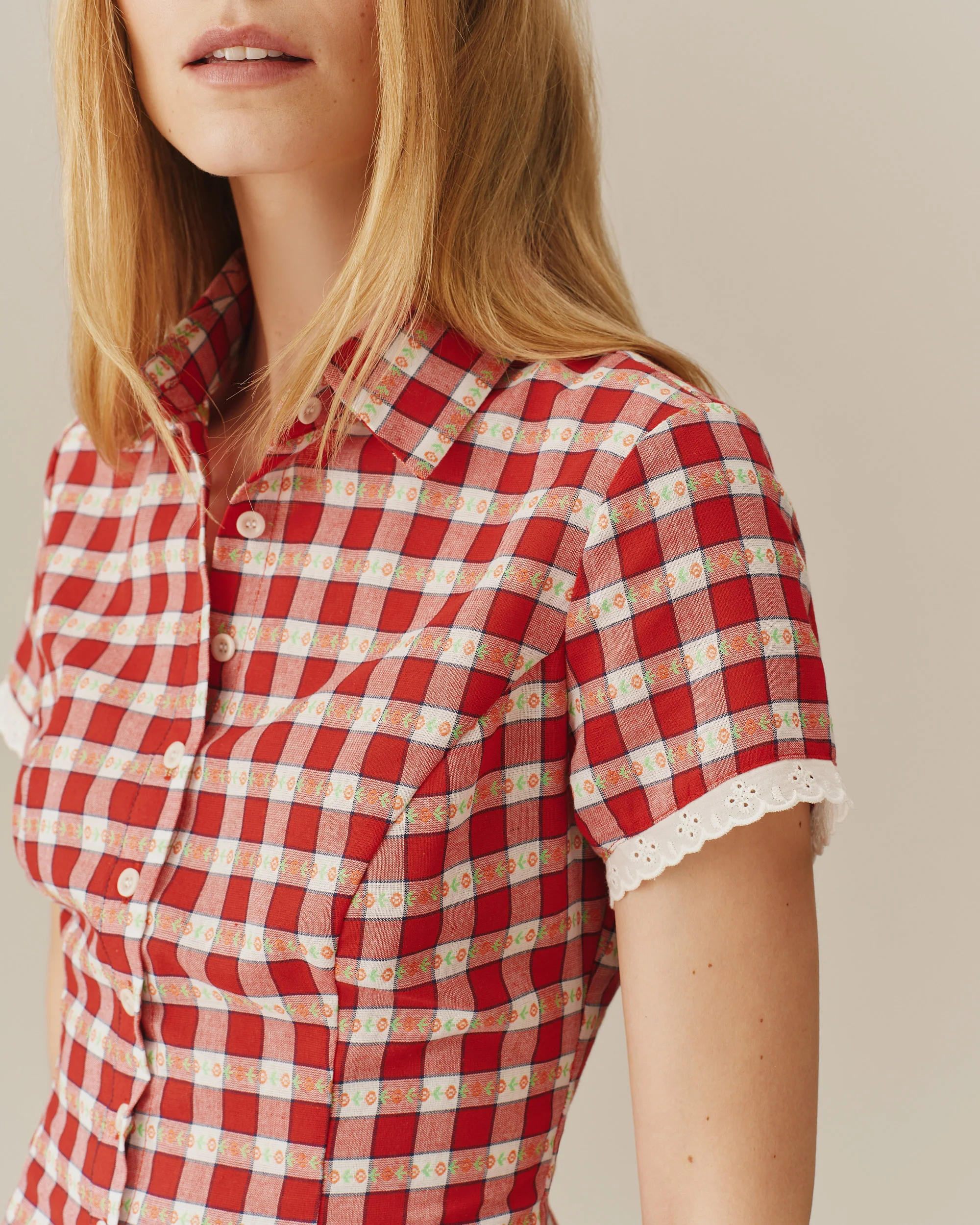 Women's Button Up Shirt Floral Gingham - Image 6