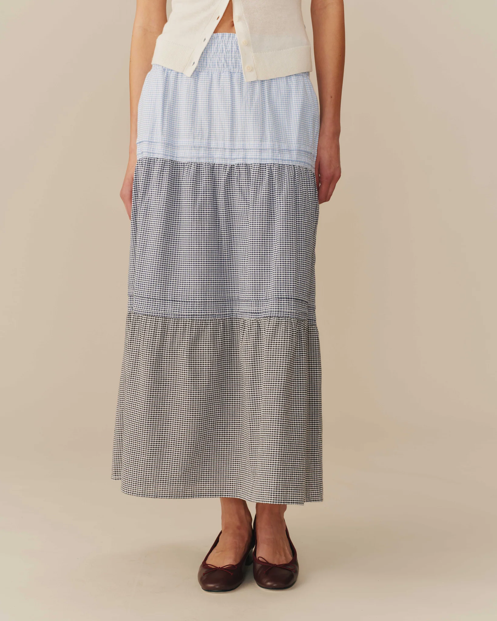 Women's Gingham Cotton Tiered Skirt Blue - Image 2