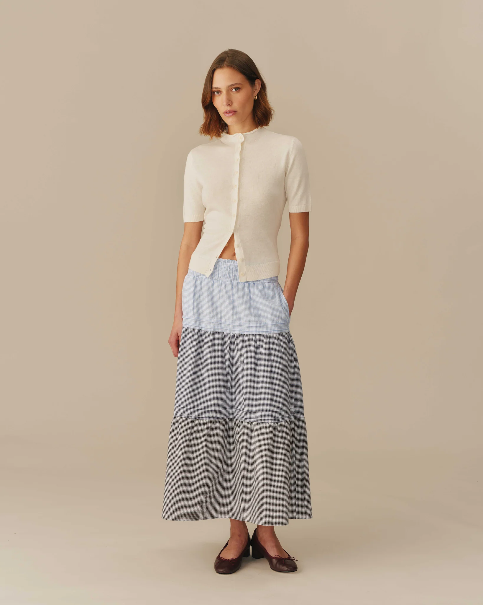 Women's Gingham Cotton Tiered Skirt Blue - Image 3