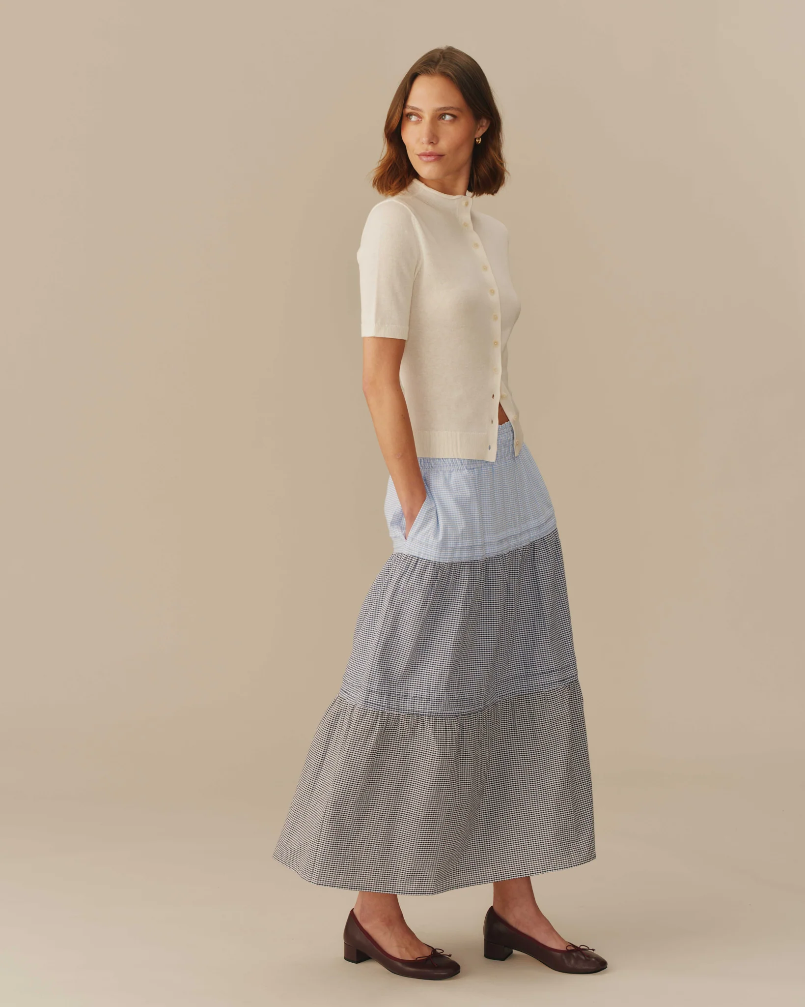 Women's Gingham Cotton Tiered Skirt Blue - Image 4