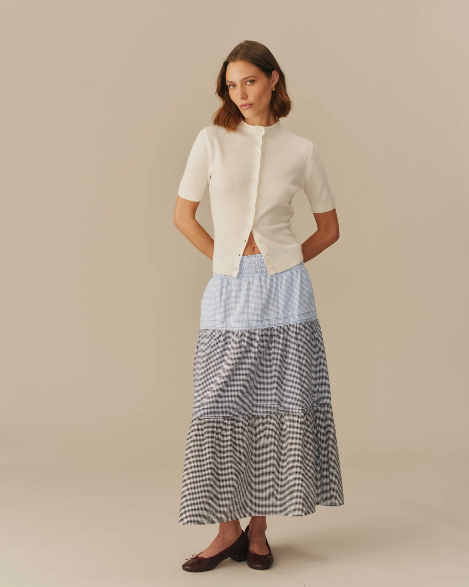 Women's Gingham Cotton Tiered Skirt Blue - Image 5