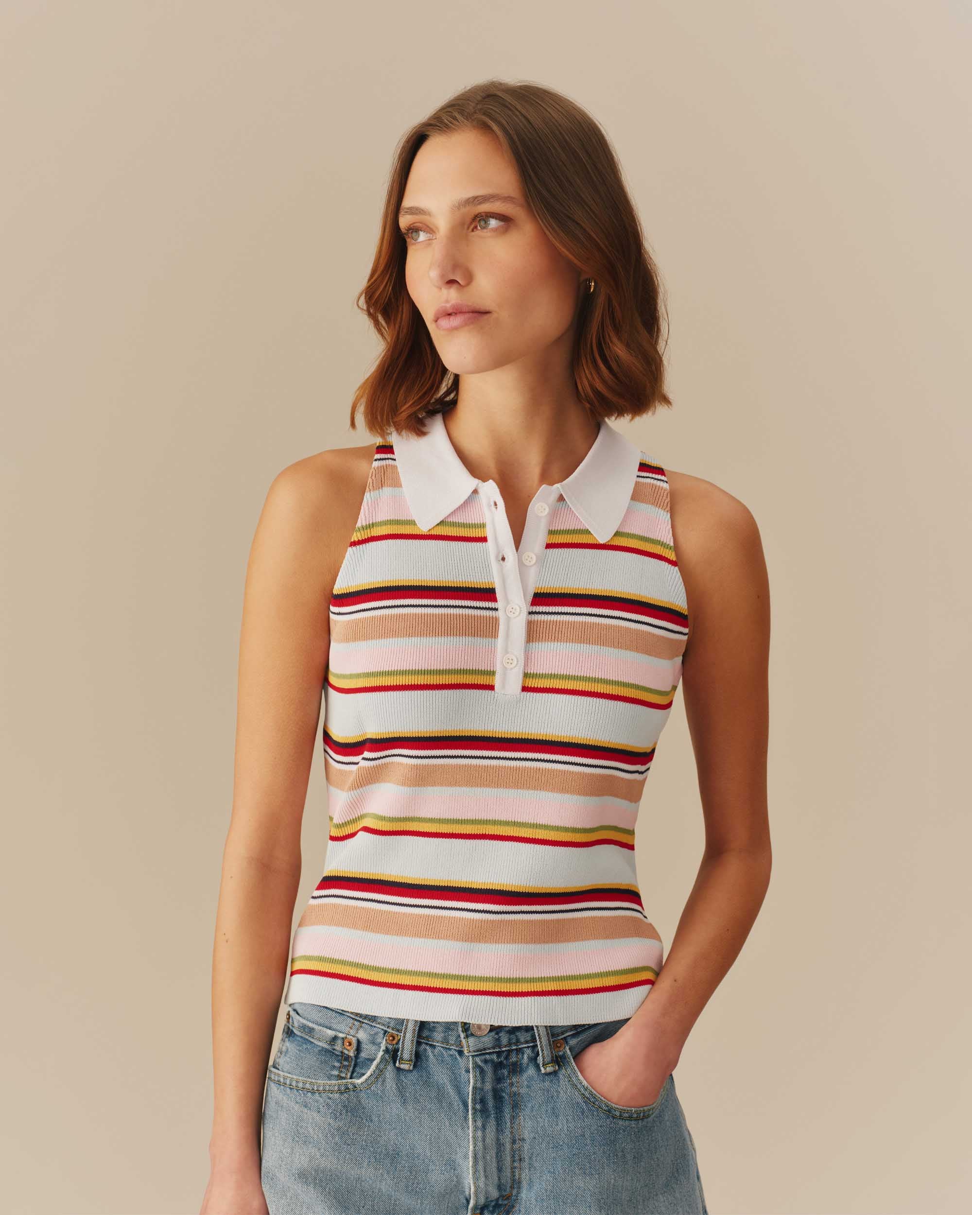 Women's Halter Polo Striped Tank Multi-Color - Image 3