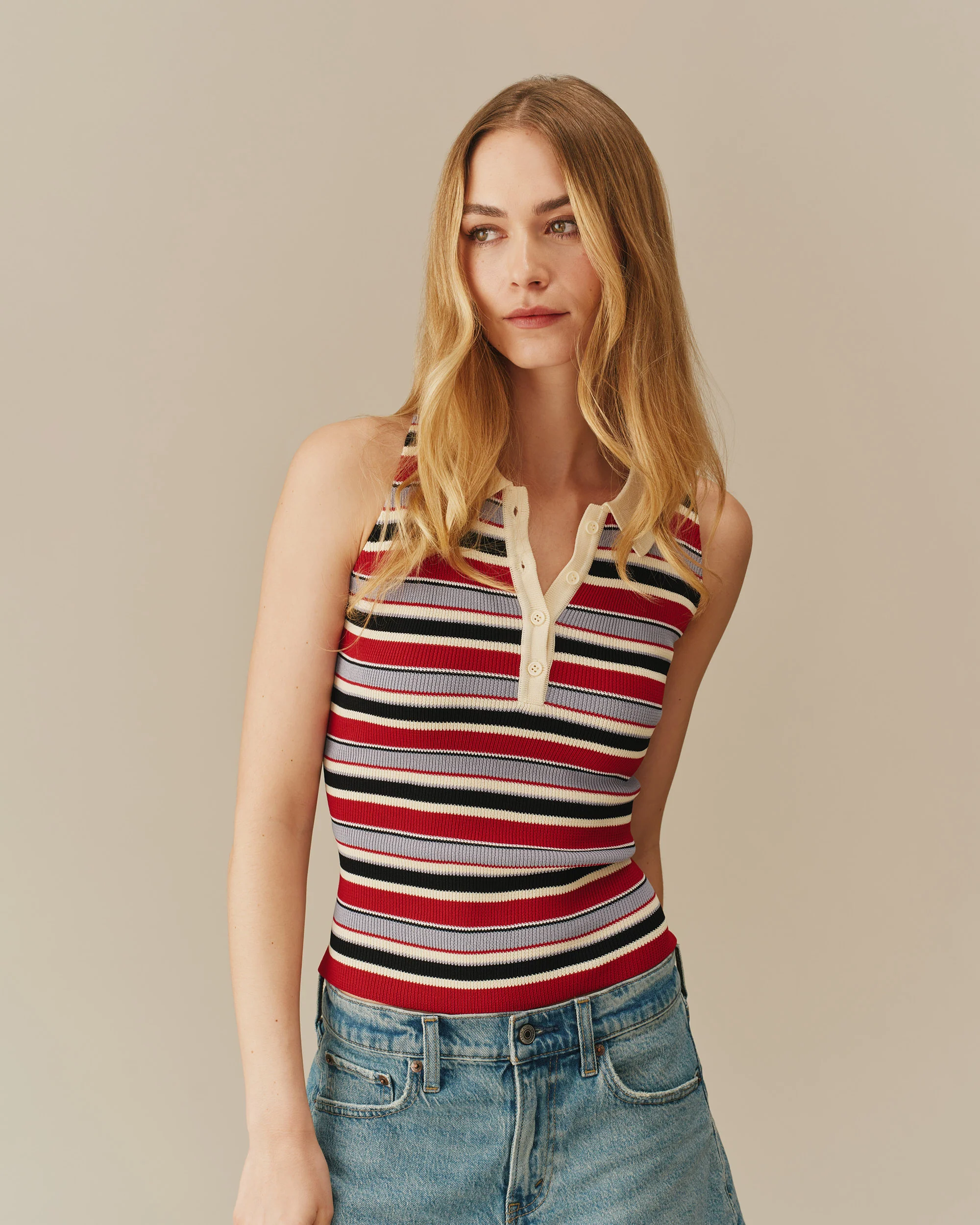 Women's Halter Polo Striped Tank Red - Image 4