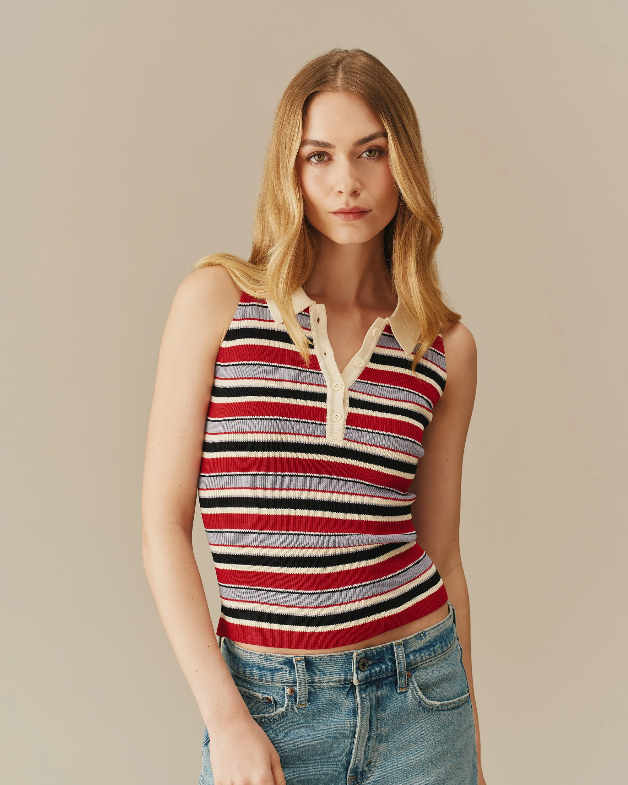 Women's Halter Polo Striped Tank Red - Image 5