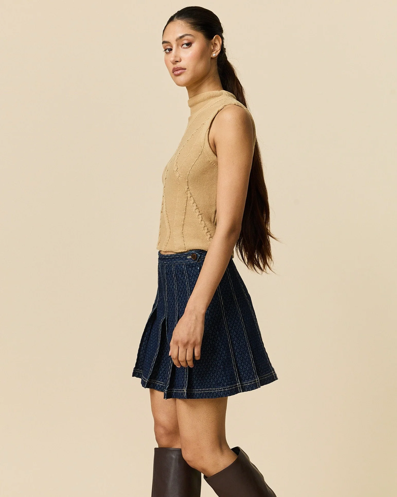 Women's Indigo Jacquard Denim Pleated Skirt Navy - Image 3