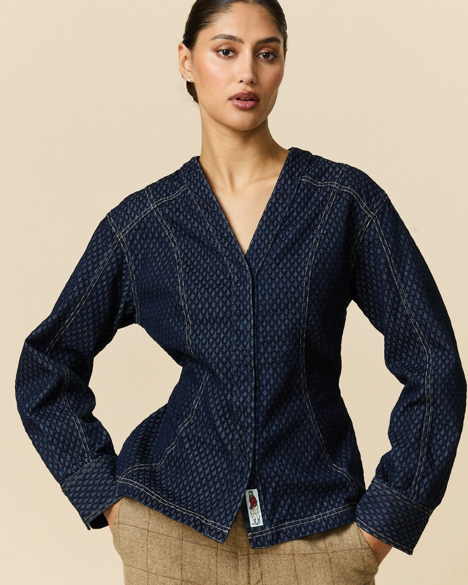 Women's Indigo Jacquard Denim Riding Jacket Navy - Image 2