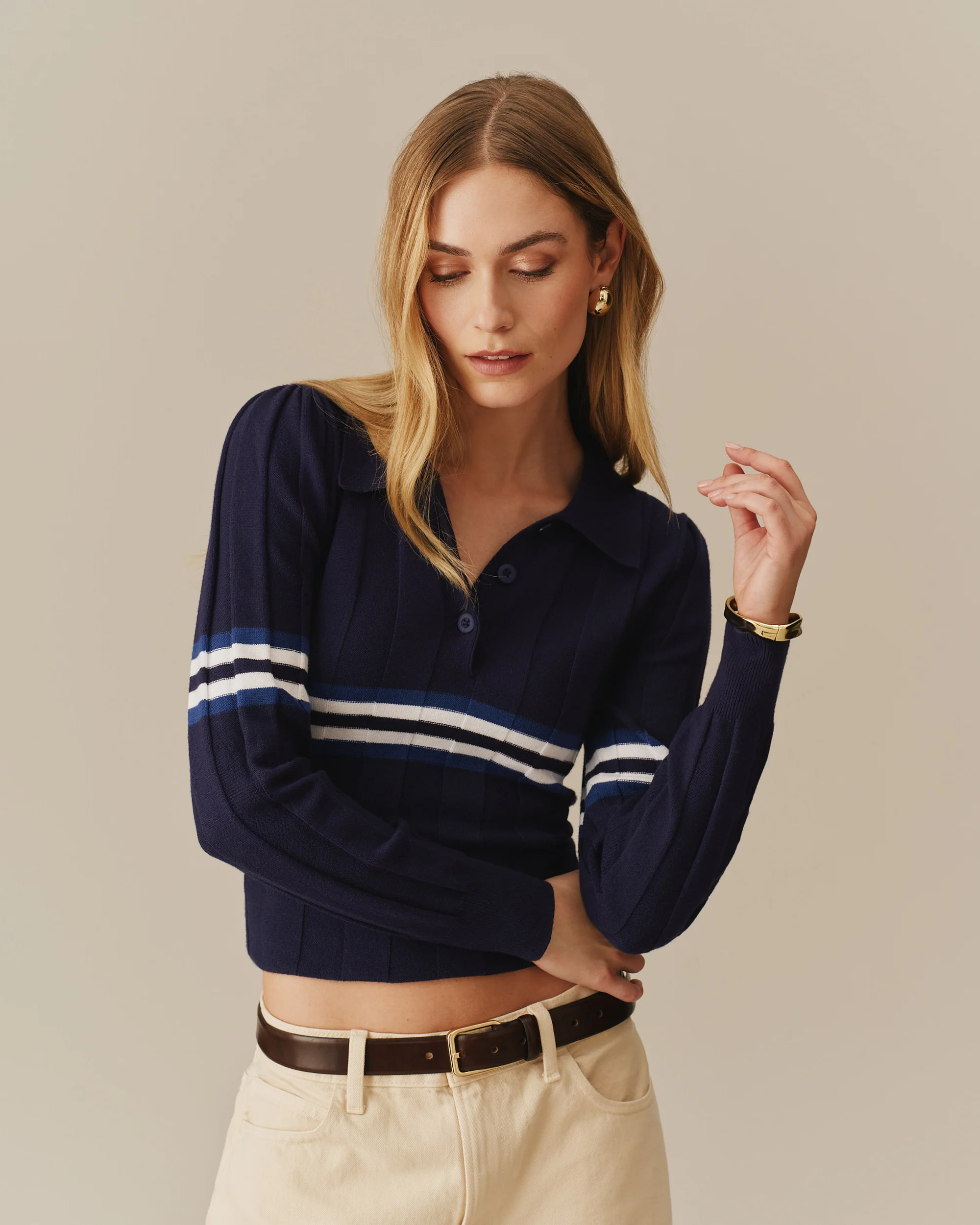 Women's Striped Sweater Polo Navy - Image 2