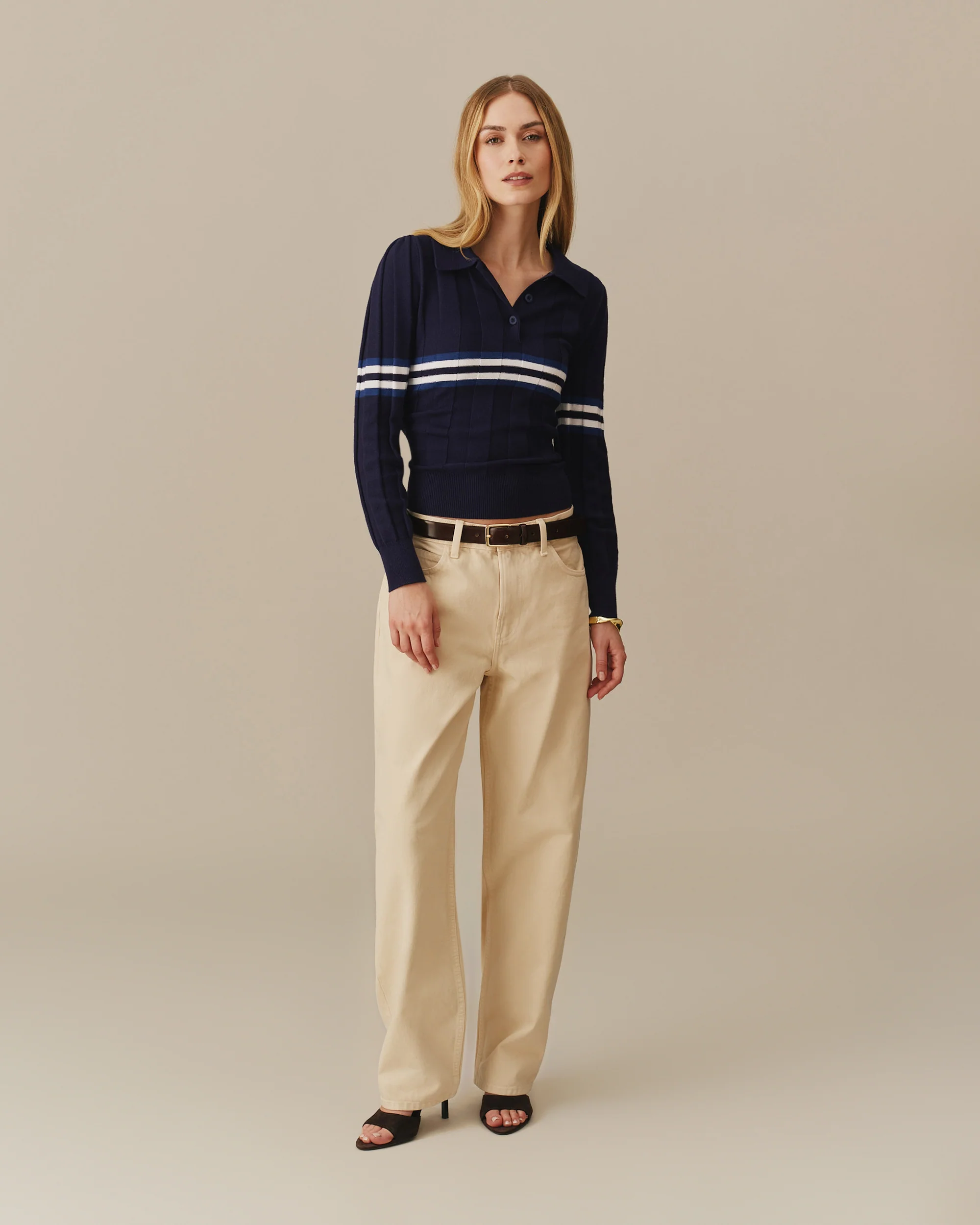 Women's Striped Sweater Polo Navy - Image 3