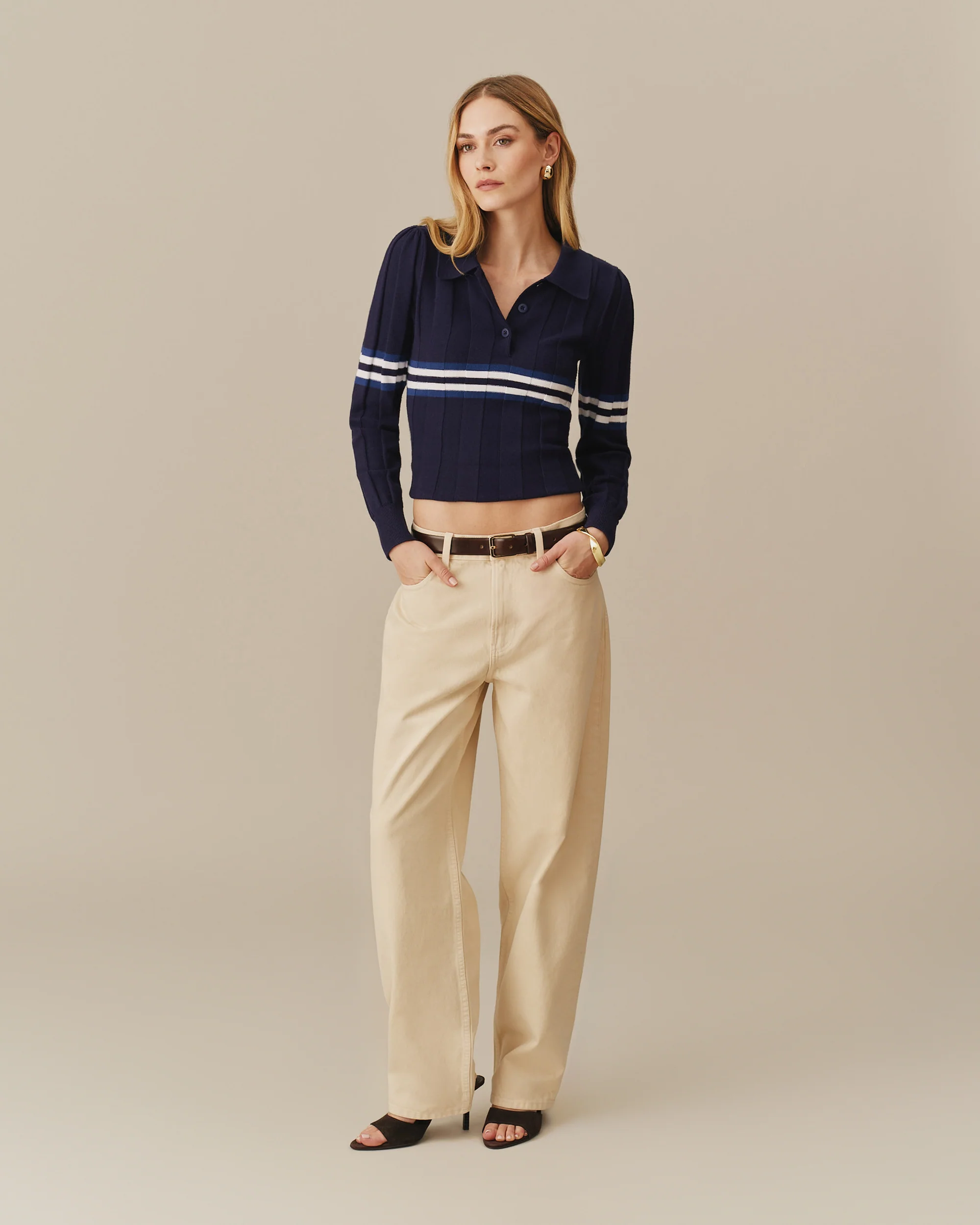 Women's Striped Sweater Polo Navy - Image 4