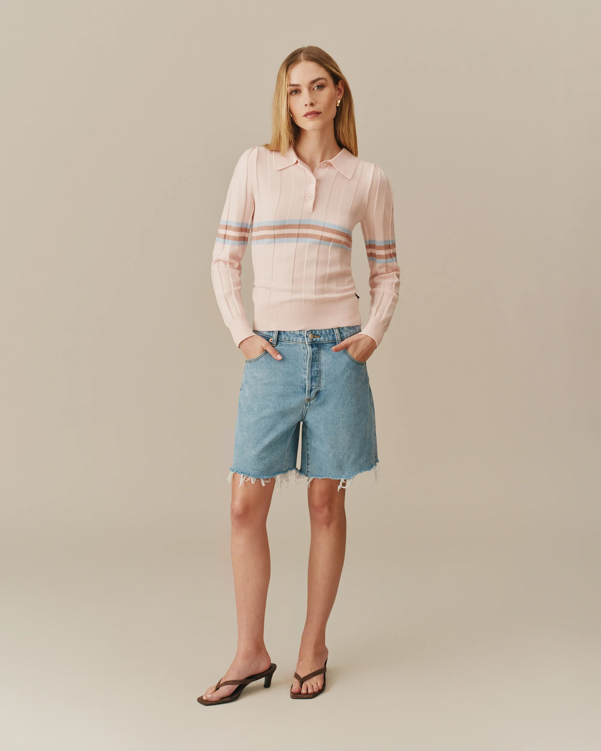 Women's Striped Sweater Polo Pink - Image 2