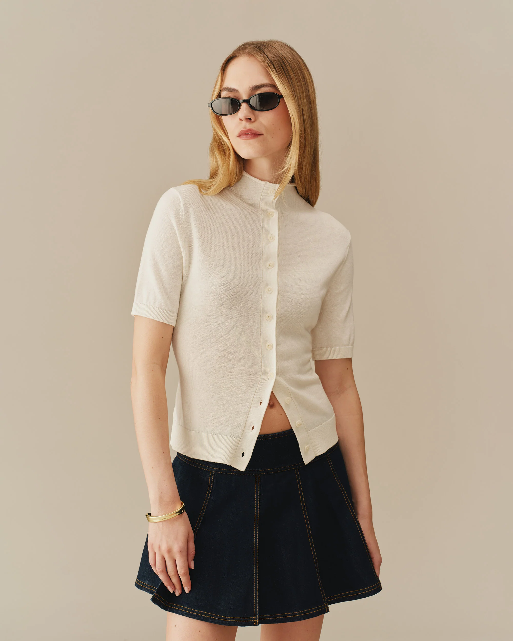 Lightweight Mock Neck Cardigan Cream