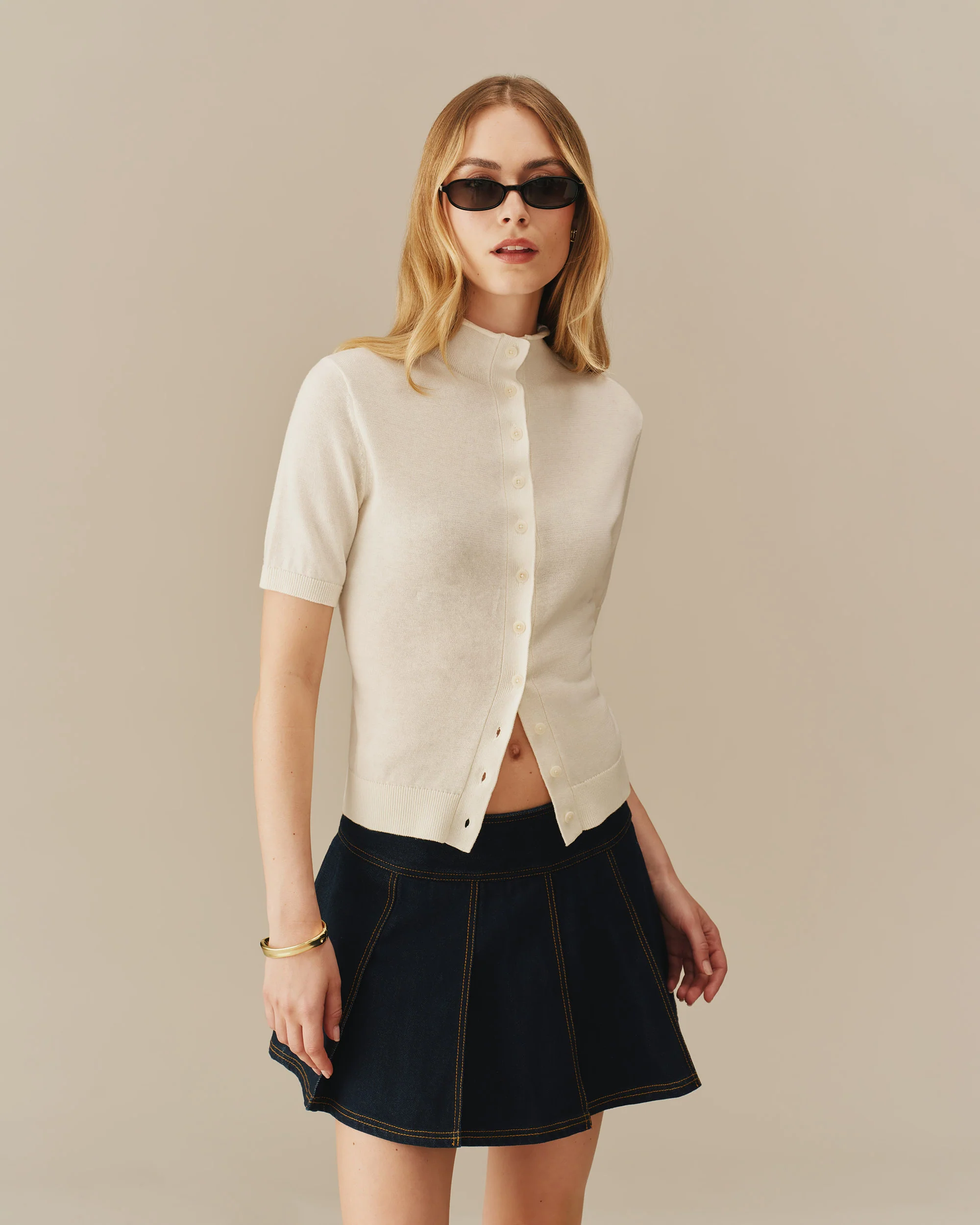 Lightweight Mock Neck Cardigan Cream - Image 2