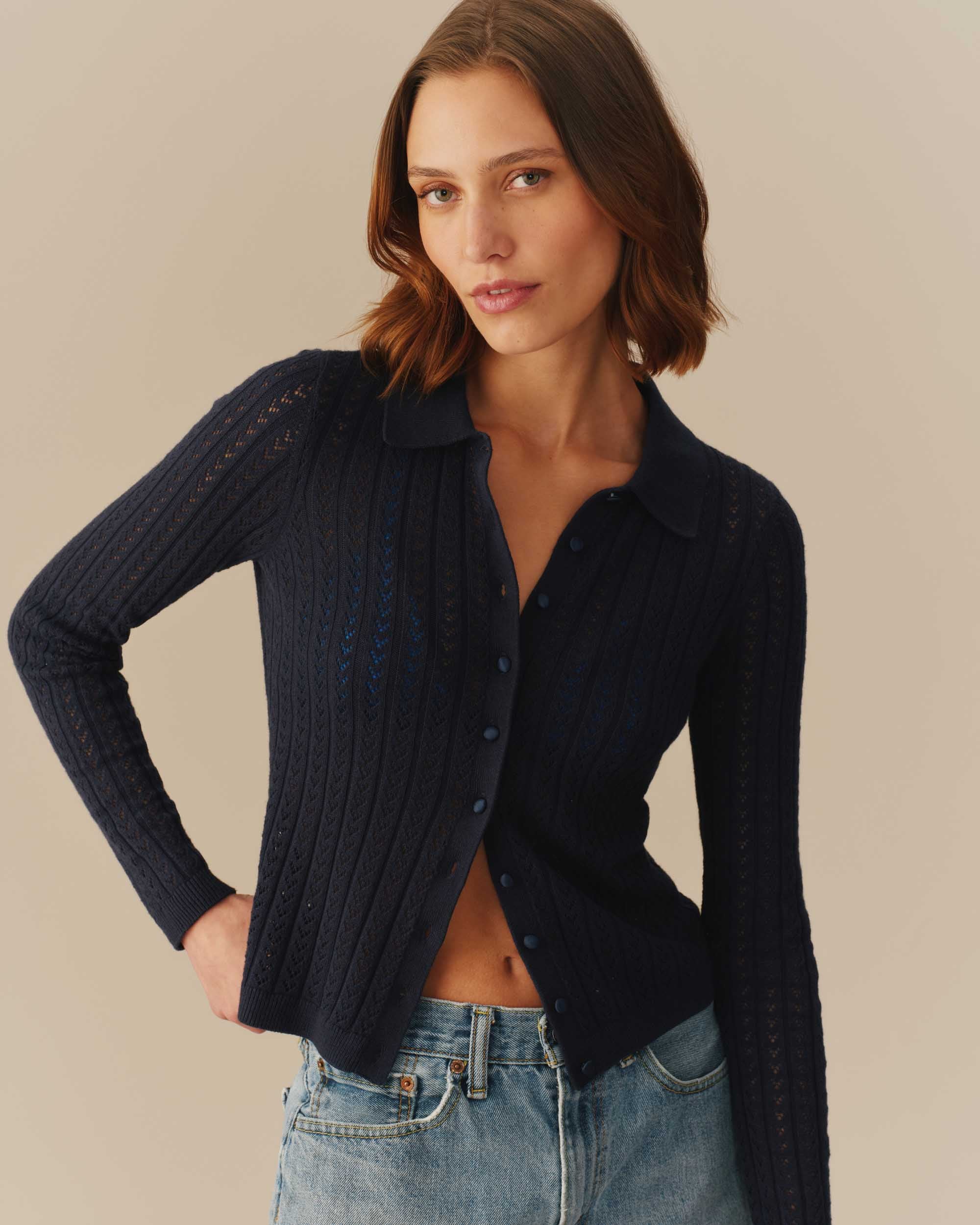 Lightweight Pointelle Cardigan Navy
