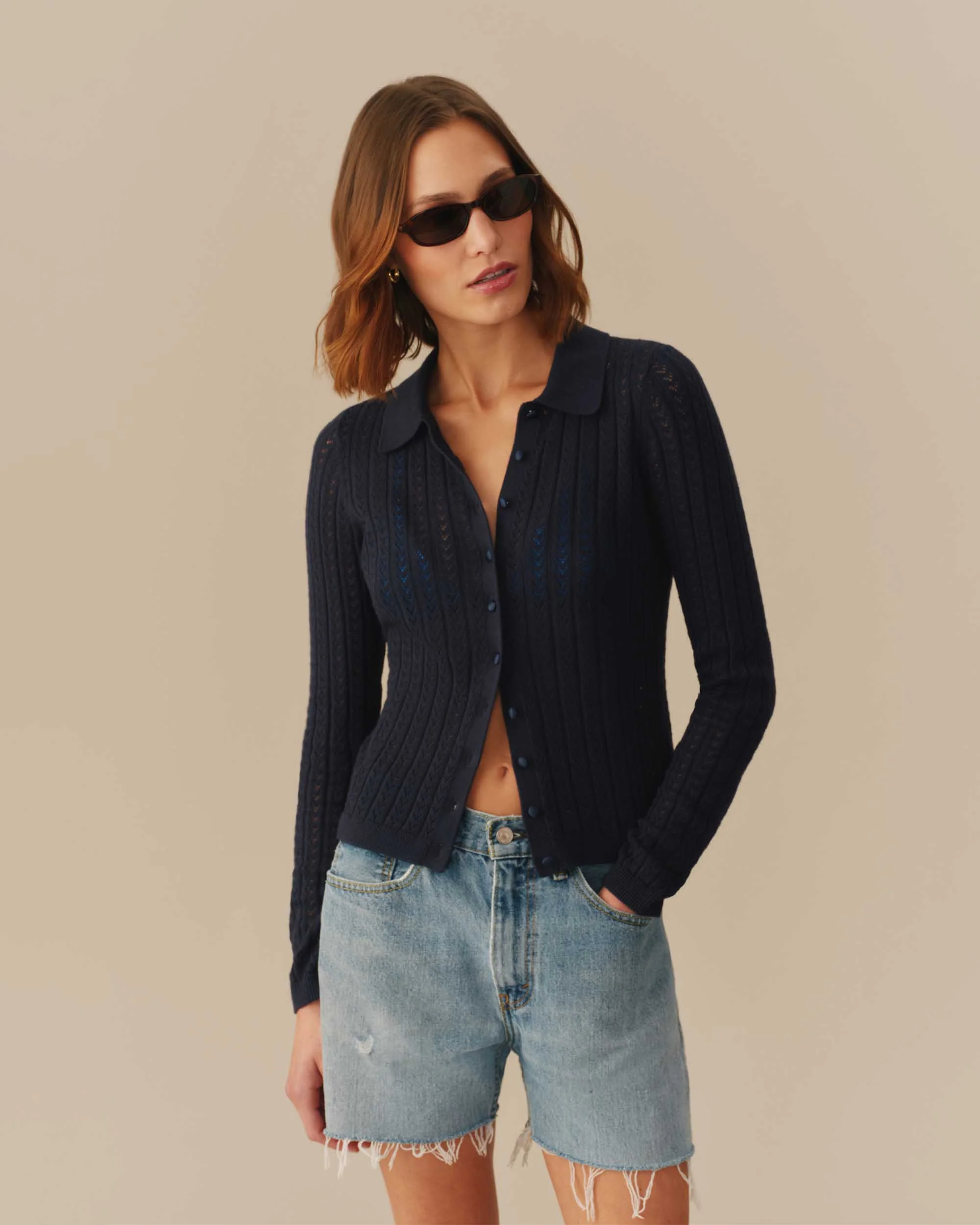 Lightweight Pointelle Cardigan Navy - Image 2