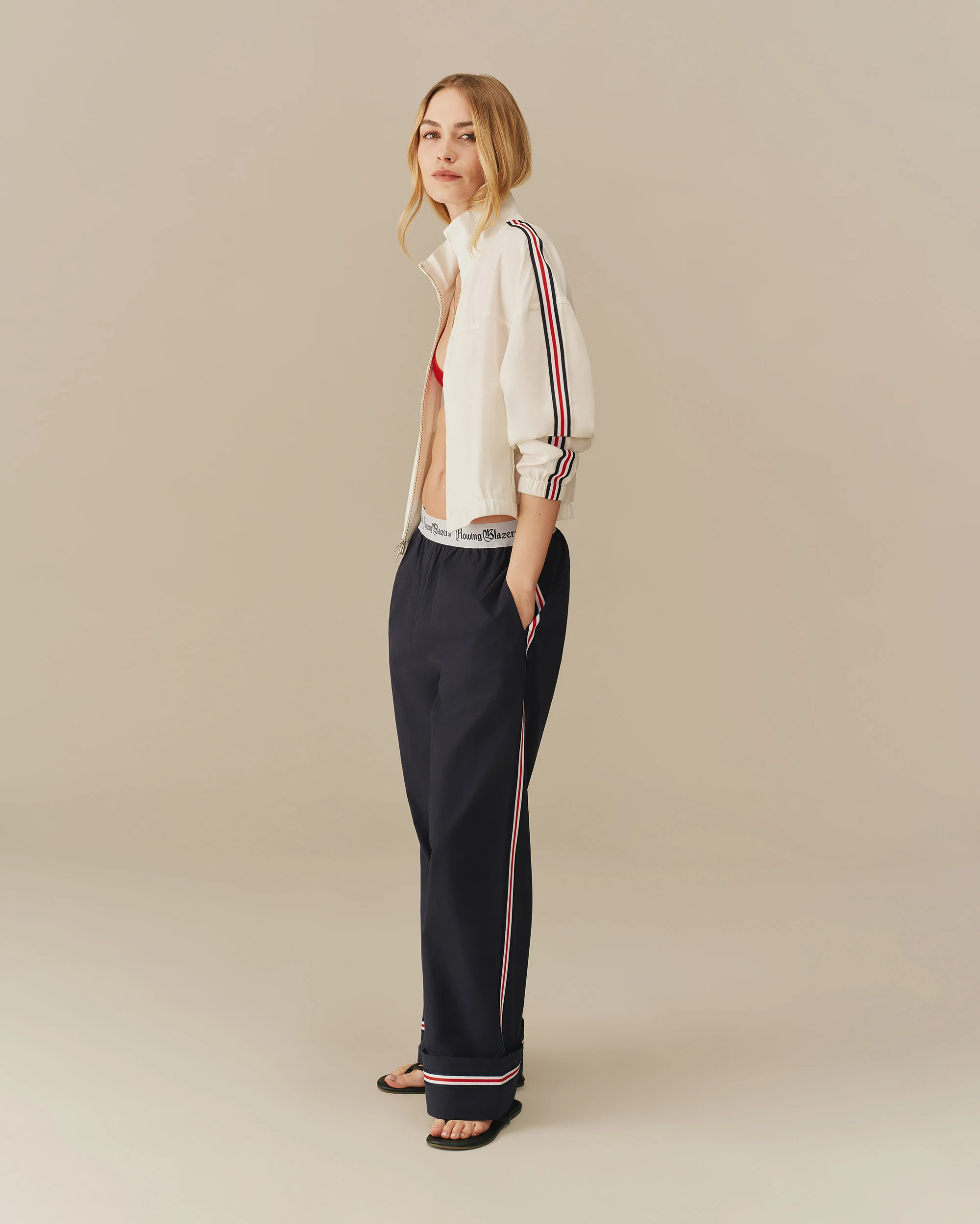Women's Contrast Ribbon Poplin Pant Navy - Image 5