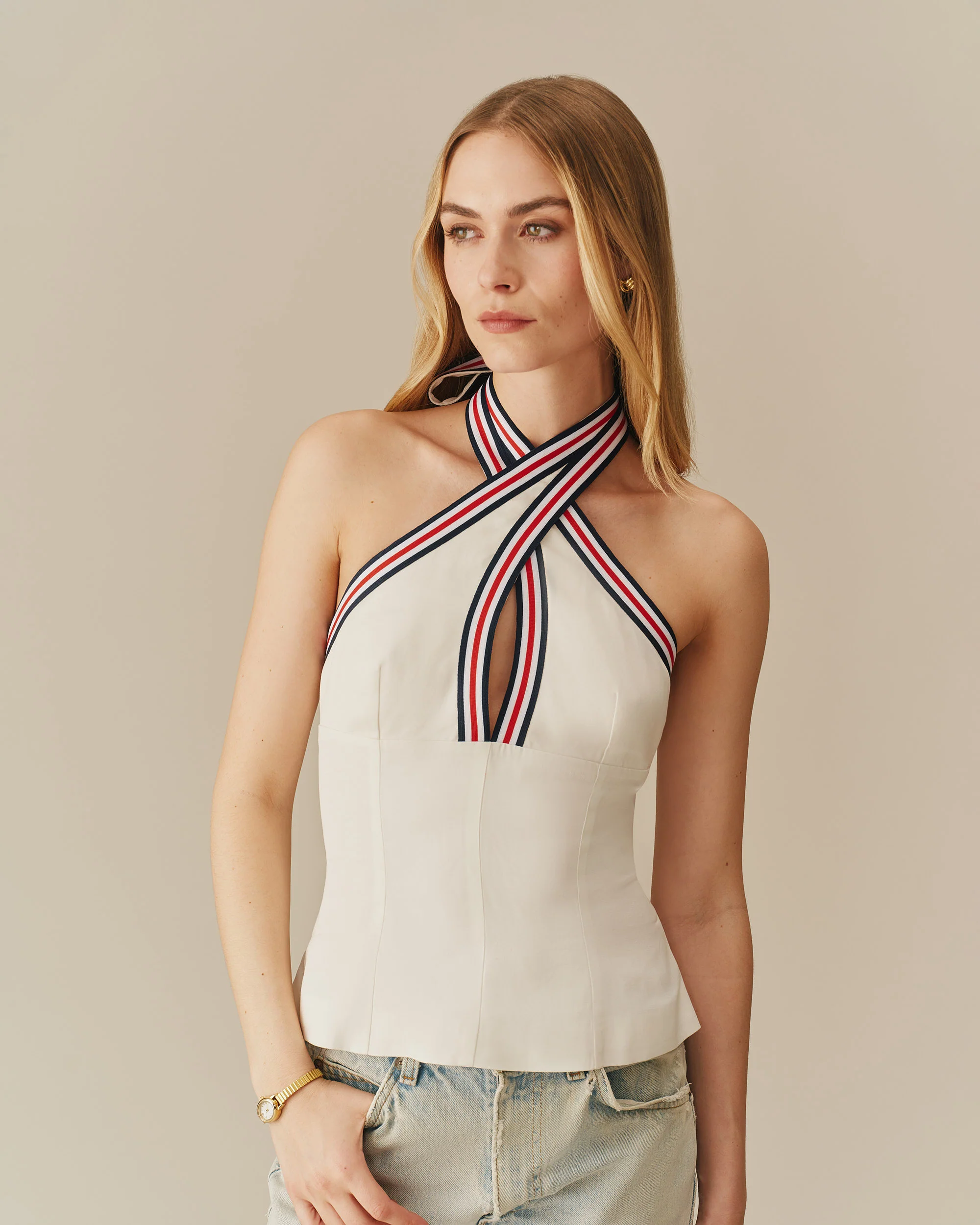 Women's Linen Tencel Crossed Halter Top With Ribbon White