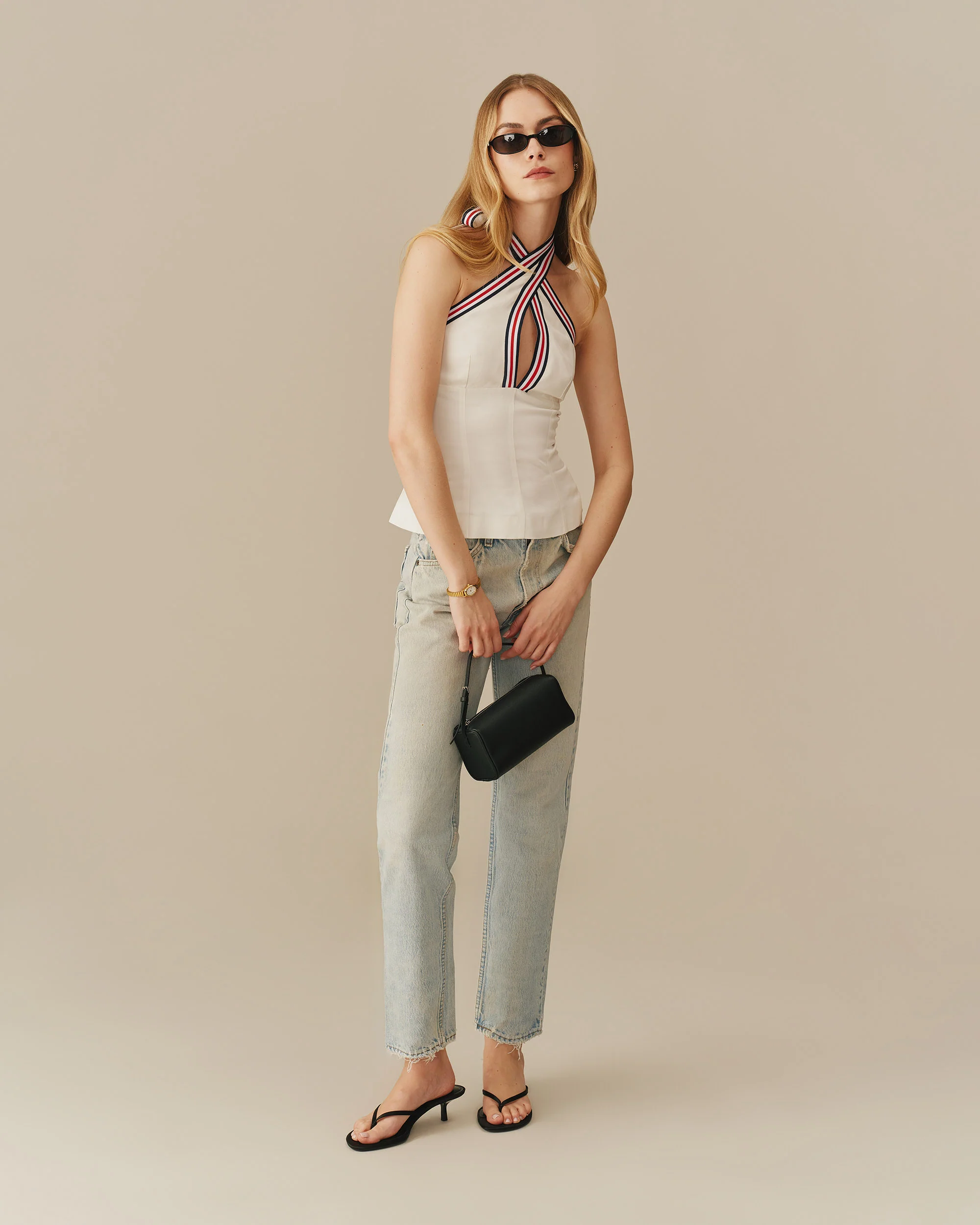 Women's Linen Tencel Crossed Halter Top With Ribbon White - Image 6