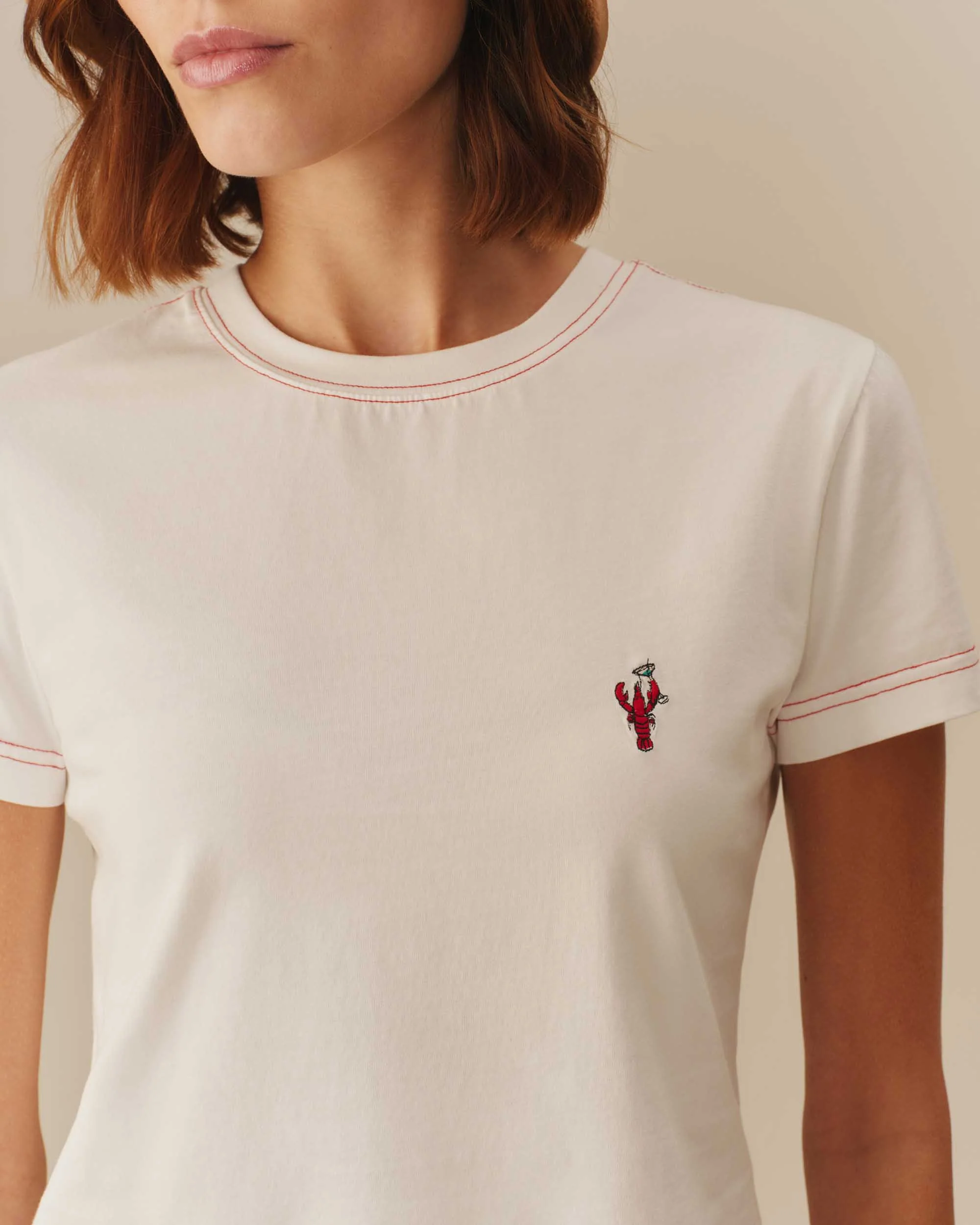 Women's Lobster Embroidered Graphic Tee Cream - Image 3