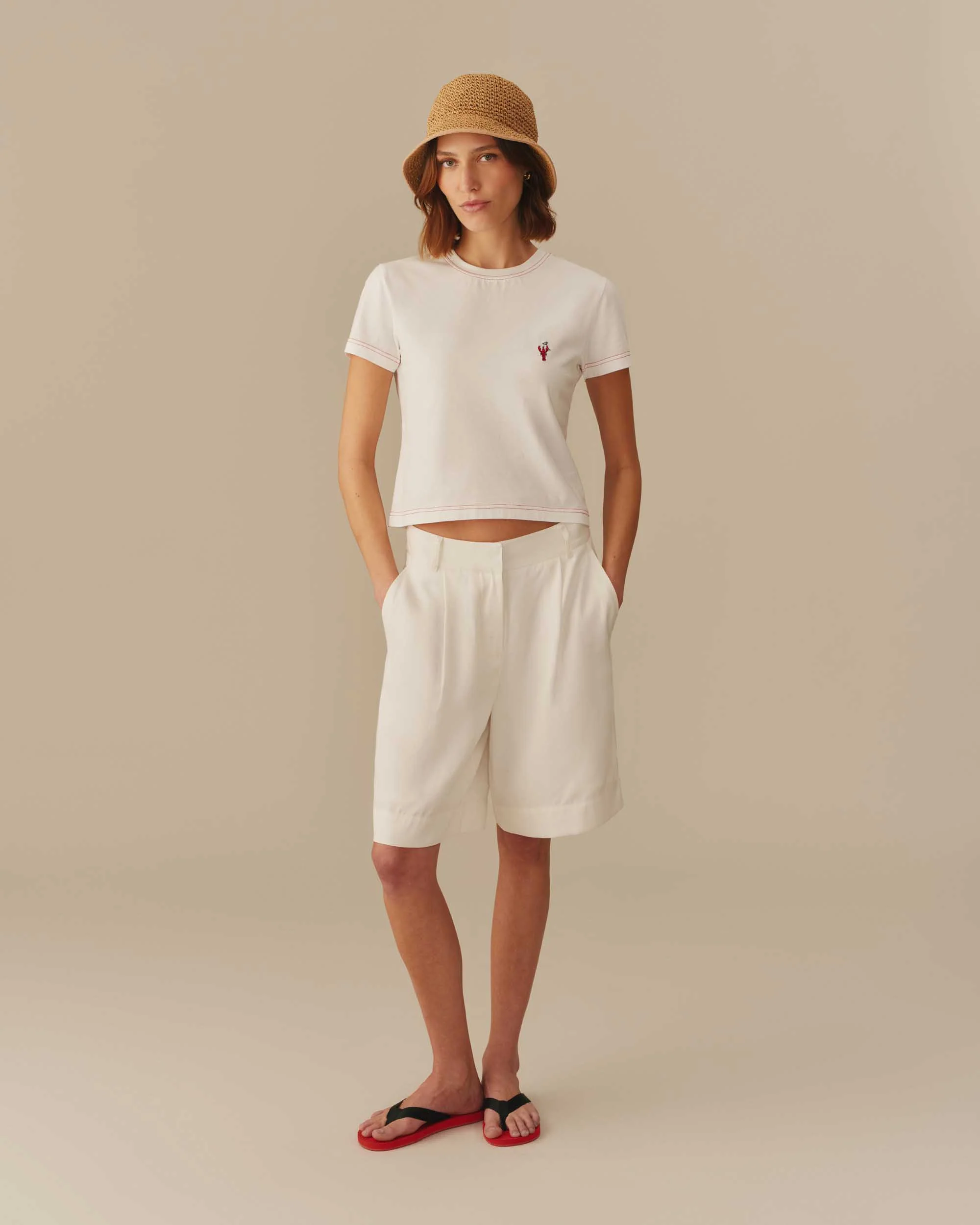 Women's Lobster Embroidered Graphic Tee Cream - Image 4